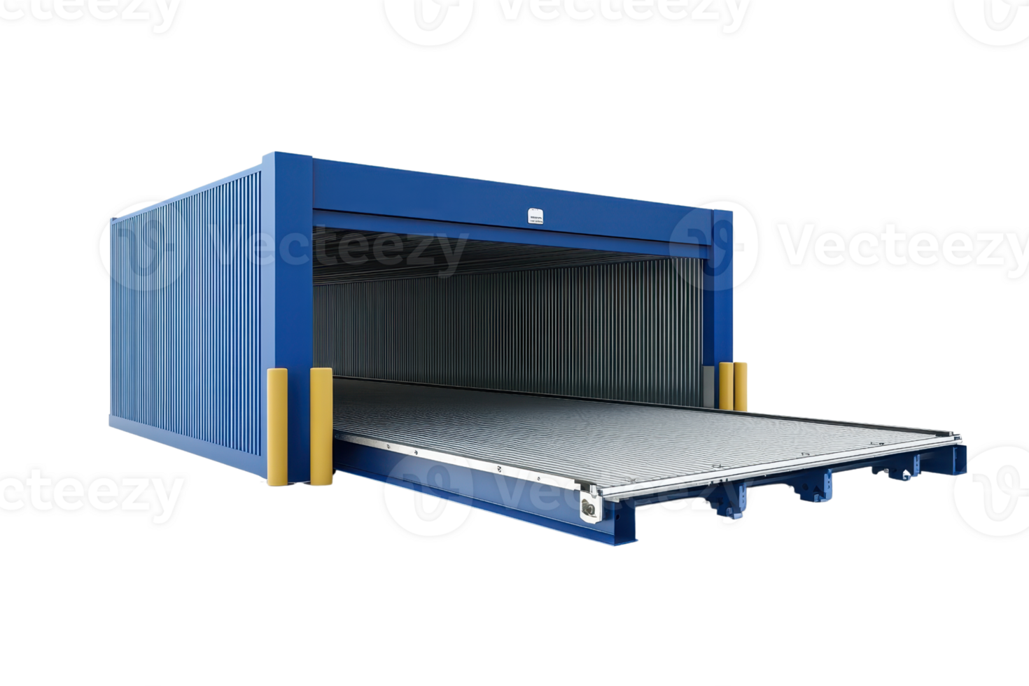 Blue industrial cargo container with an extended ramp for easy loading and unloading of goods, isolated on a transparent background. png