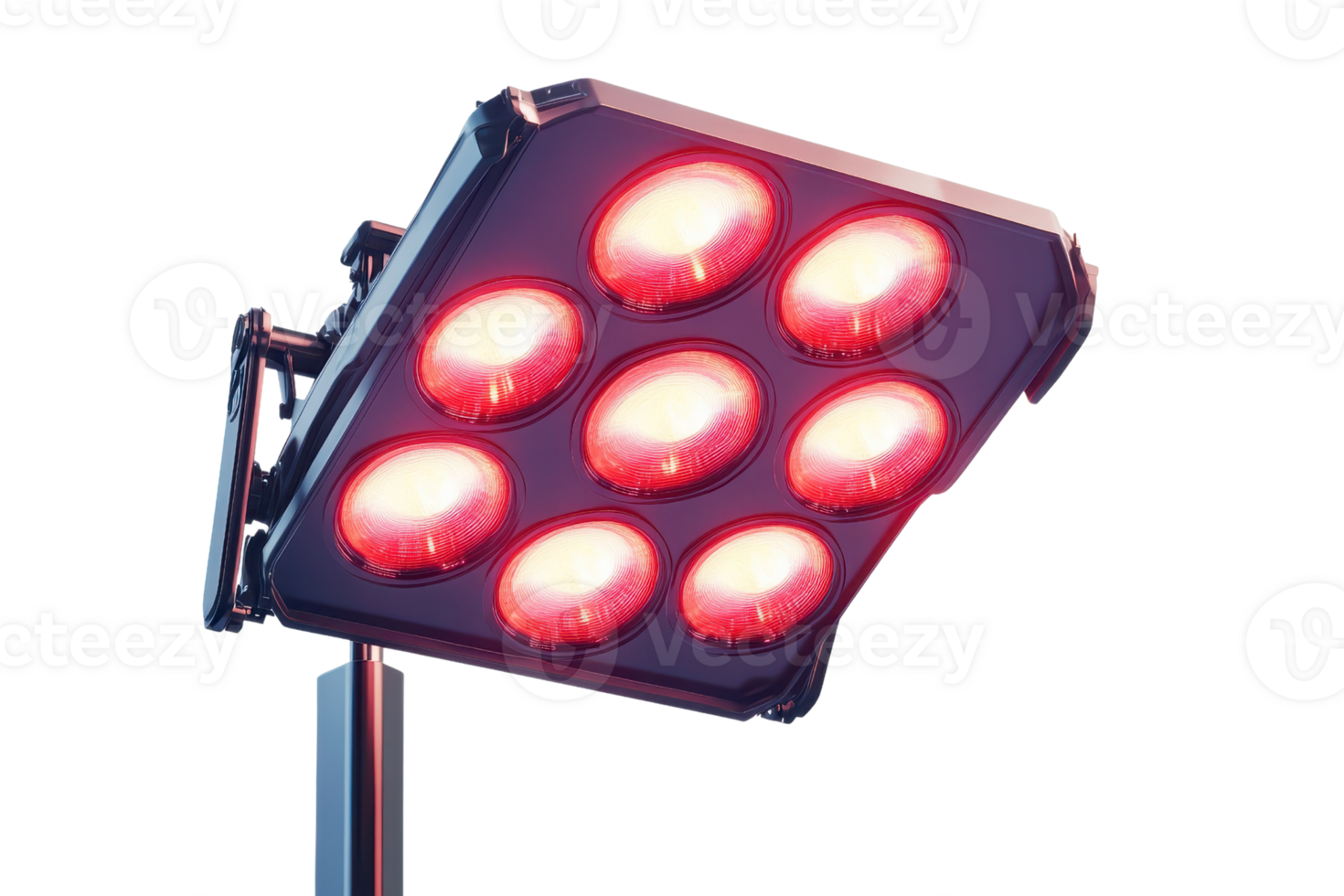 Close-up of a modern LED floodlight with multiple red lights glowing, isolated on a transparent background. Ideal for industrial and architectural use. png