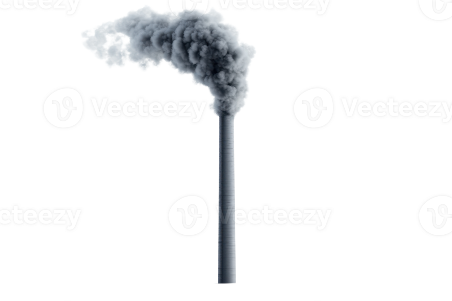 Tall industrial smokestack emitting thick plume of dark smoke against clear background, indicative of pollution and industrial activity. png