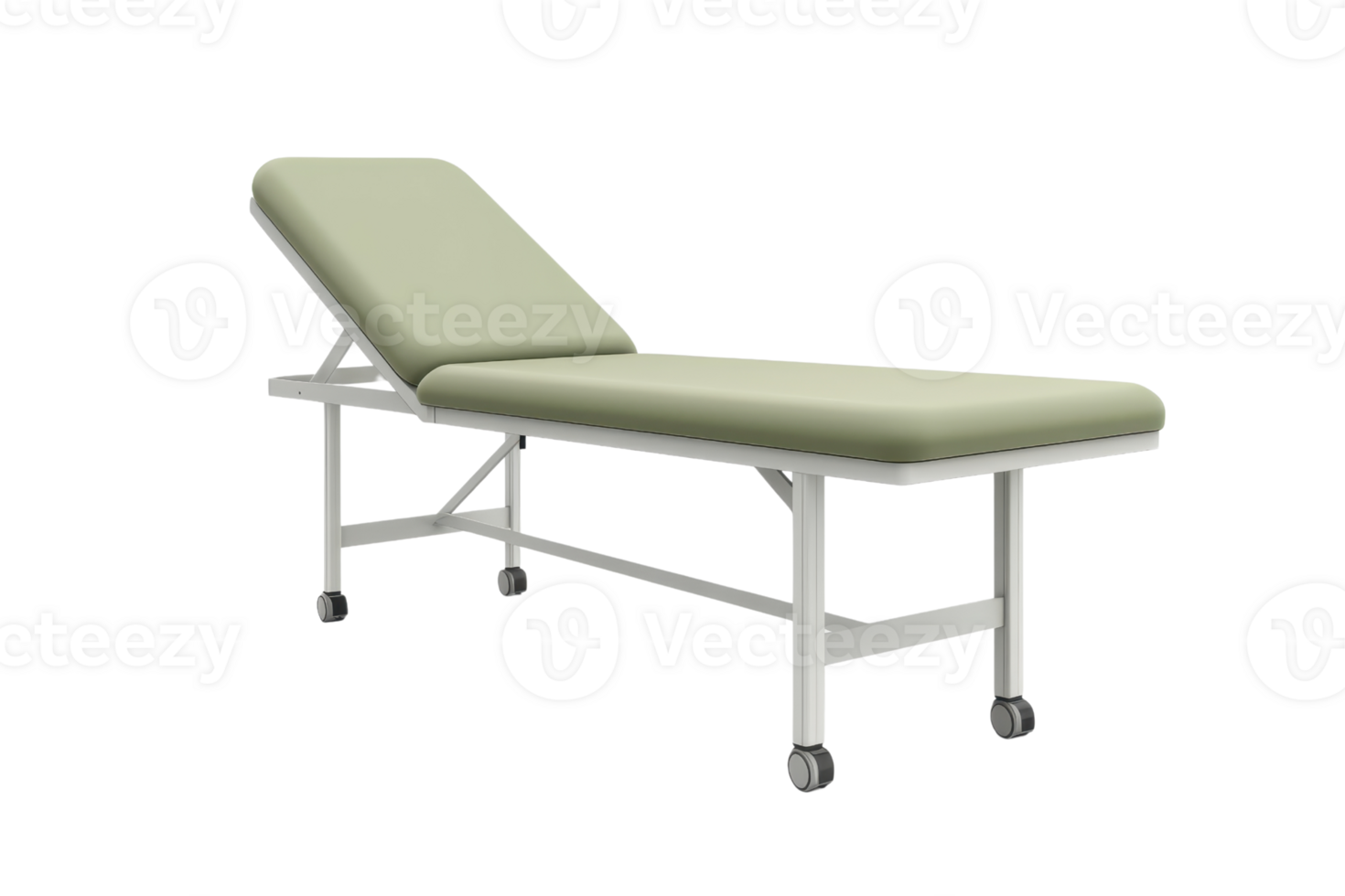 Medical examination bed with adjustable backrest, featuring soft cushioning and sturdy metal frame on wheels for easy mobility. png