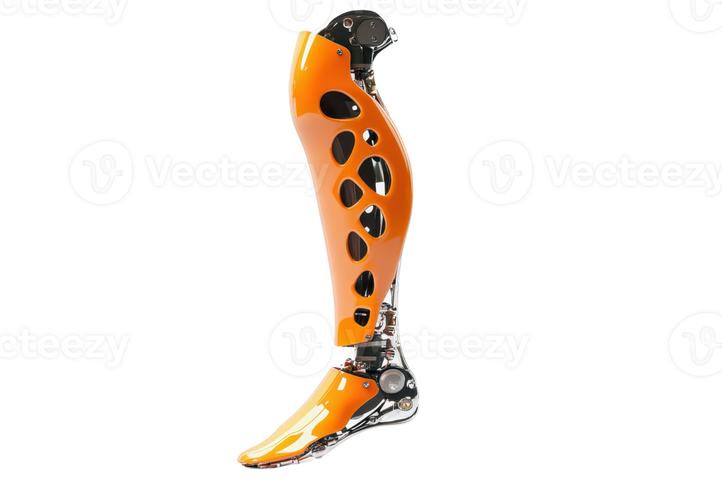 Modern orange prosthetic leg with sleek design and mechanical components, representing advanced technology in artificial limbs. png