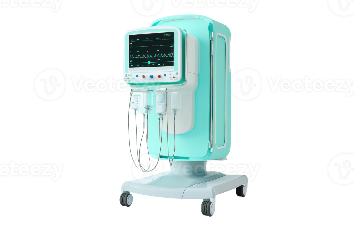 Modern medical ventilator on wheels, used in hospitals for patient respiratory support. Isolated background, high-quality professional equipment. png
