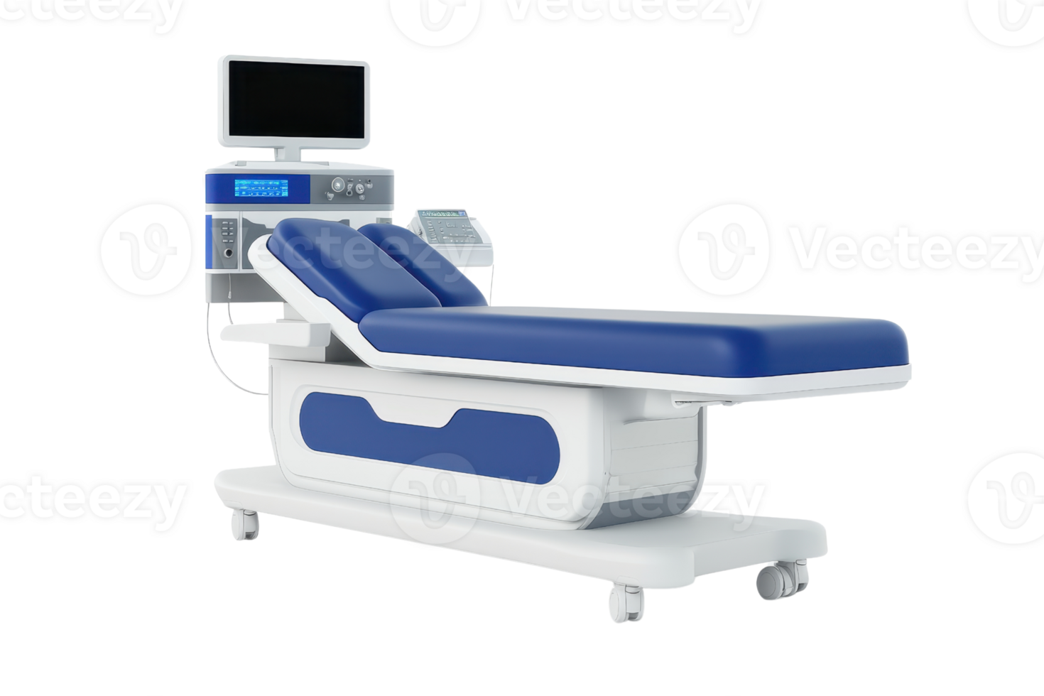 Modern medical examination table with blue padding and attached monitor, ideal for healthcare and clinical environments. png