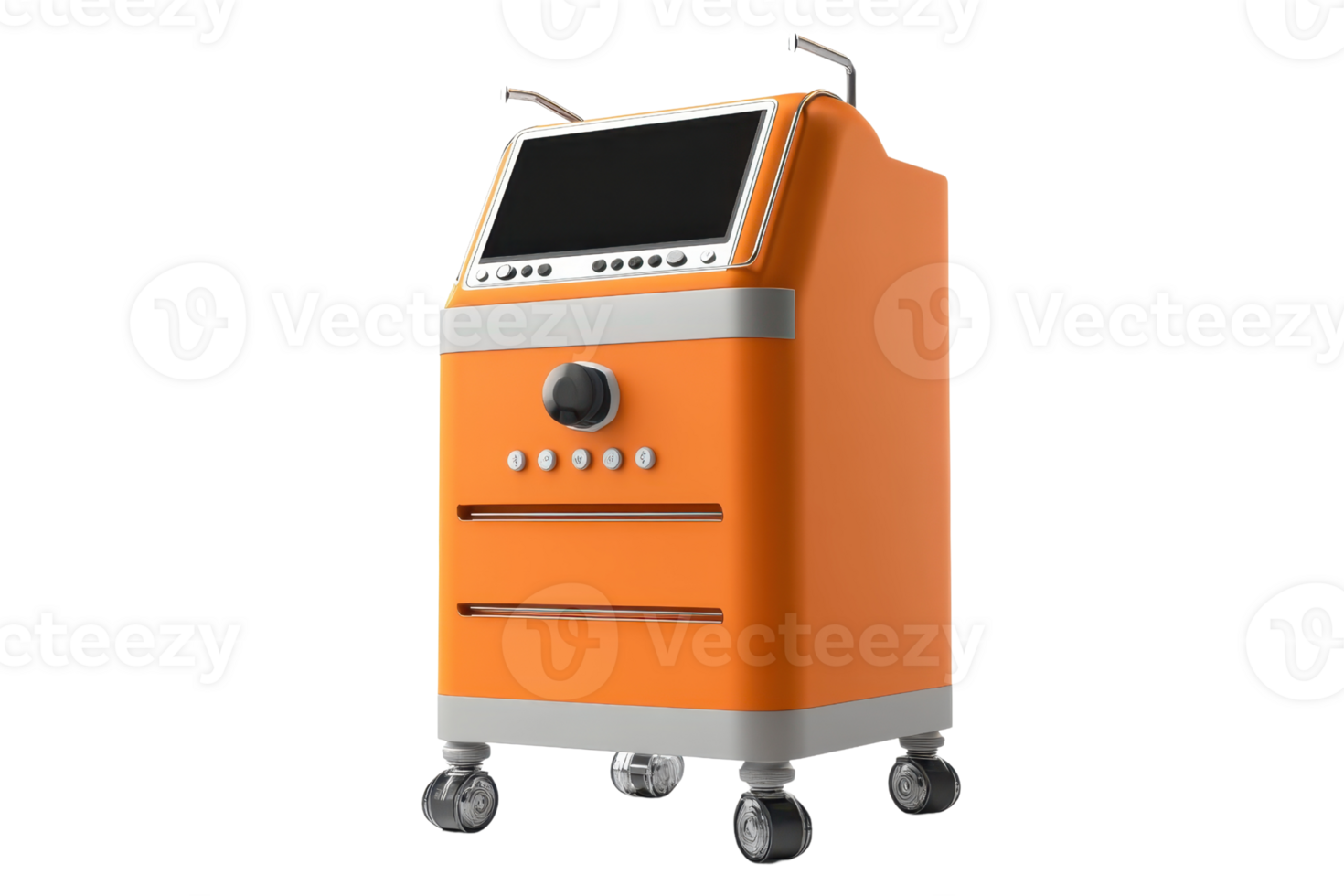 Orange medical equipment on wheels featuring a digital display and various control buttons, designed for clinical or hospital use. png