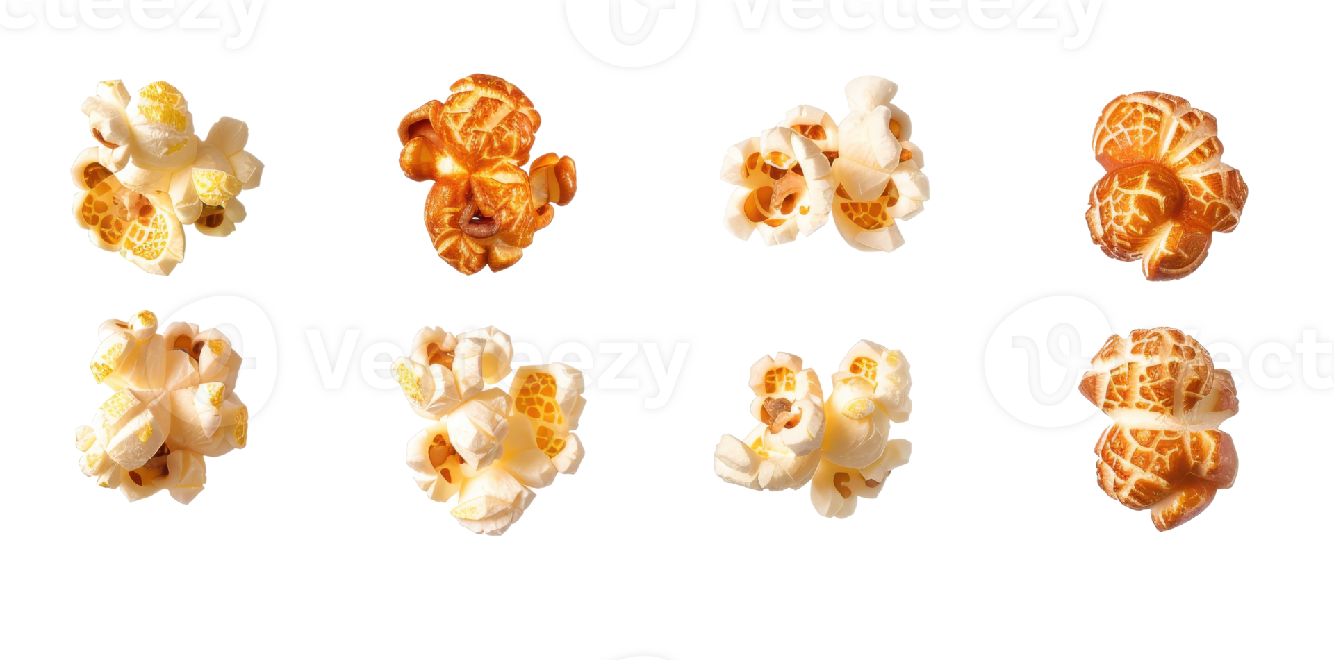 High-resolution image of assorted popcorn kernels isolated on a transparent background. showcasing different flavors and textures. png