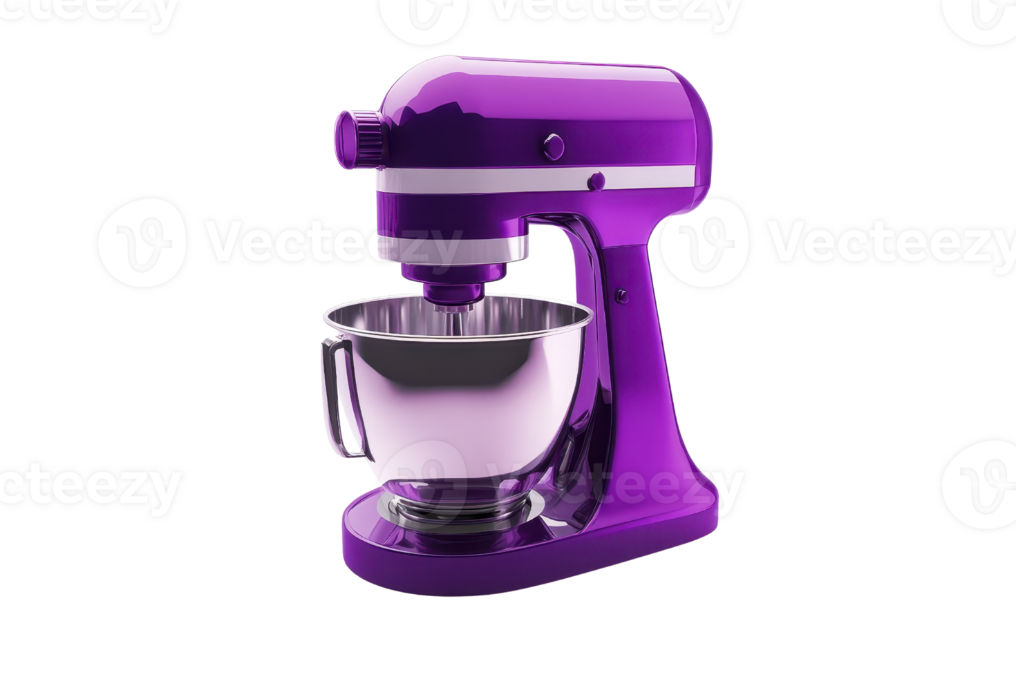 Purple stand mixer with shiny metal bowl, ideal for baking and cooking enthusiasts, offering efficiency and style in the kitchen. png