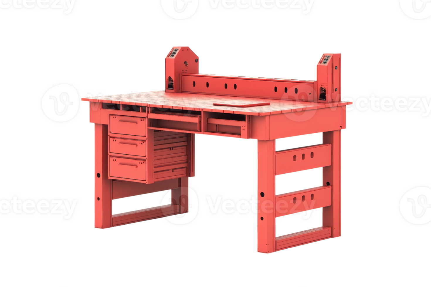 Red industrial workbench with multiple drawers and sturdy design, suitable for workshops and manufacturing settings. png