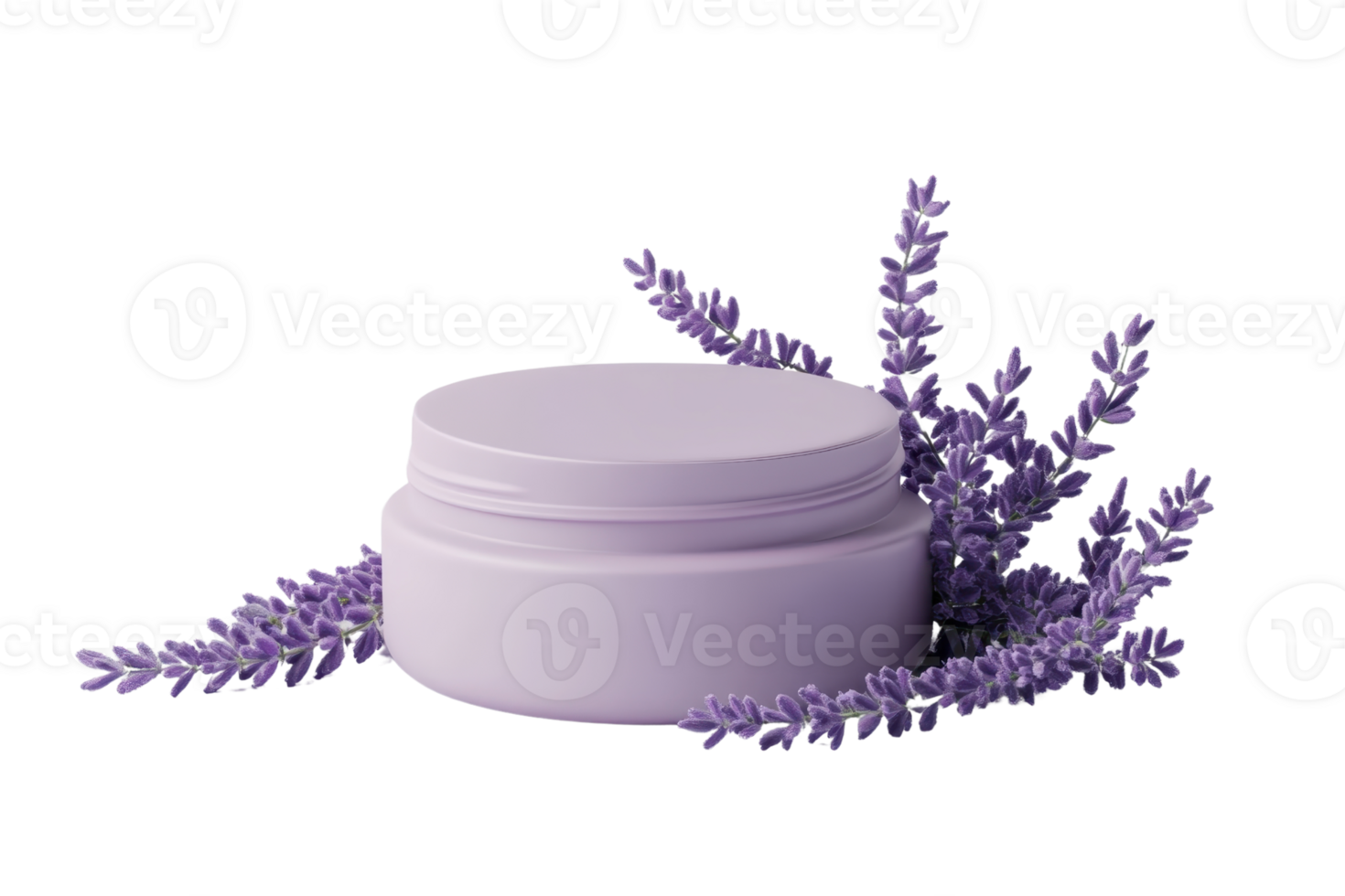 Lavender-themed cosmetic cream jar with fresh lavender sprigs, perfect for beauty and skincare stock photo requirements. png