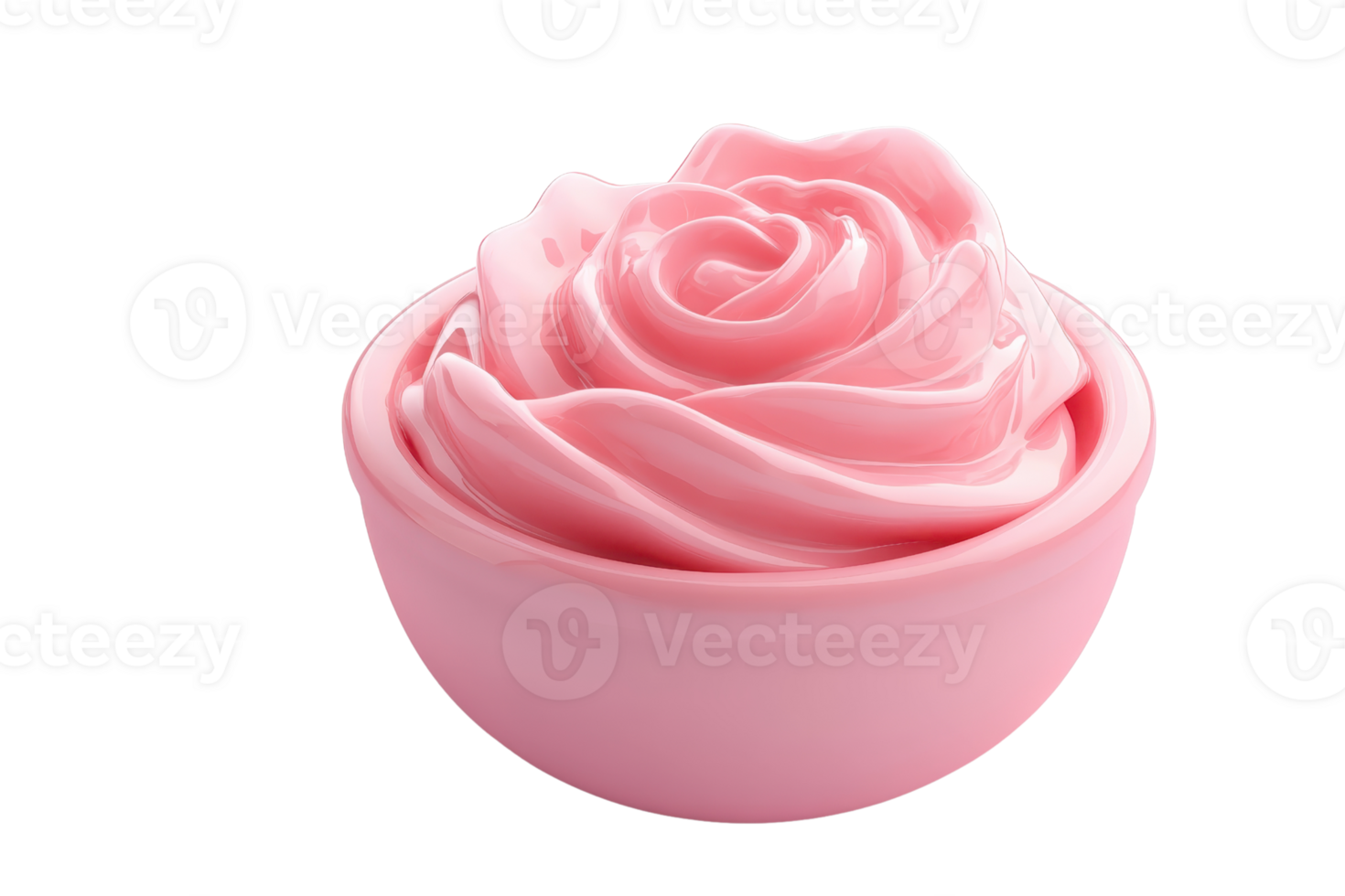 A close-up of a pink rose-shaped cream in a pink bowl, isolated on a transparent background. Great for beauty and skincare themes. png