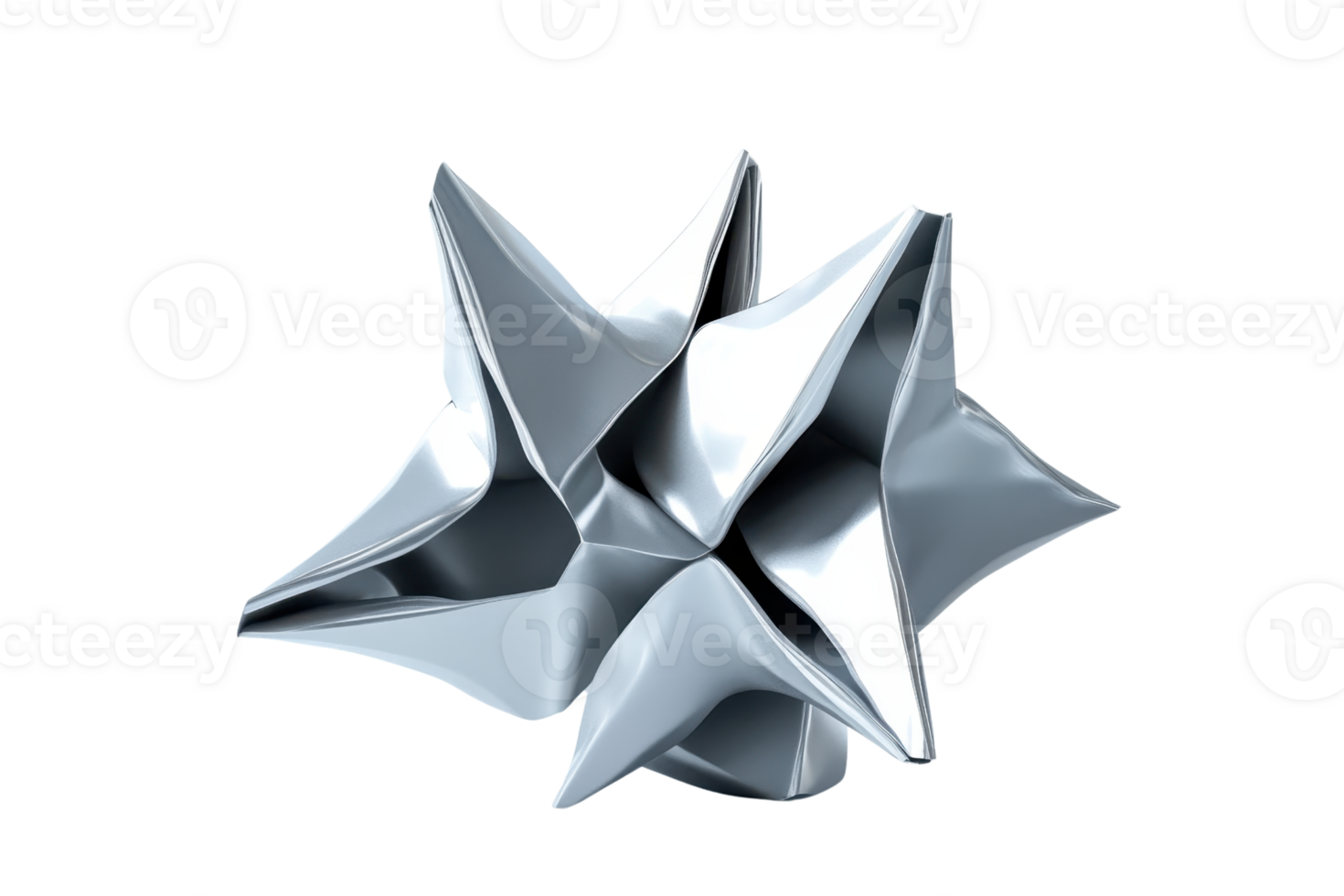 Abstract metallic geometric sculpture with sharp angles and reflective surface, isolated on transparent background. png