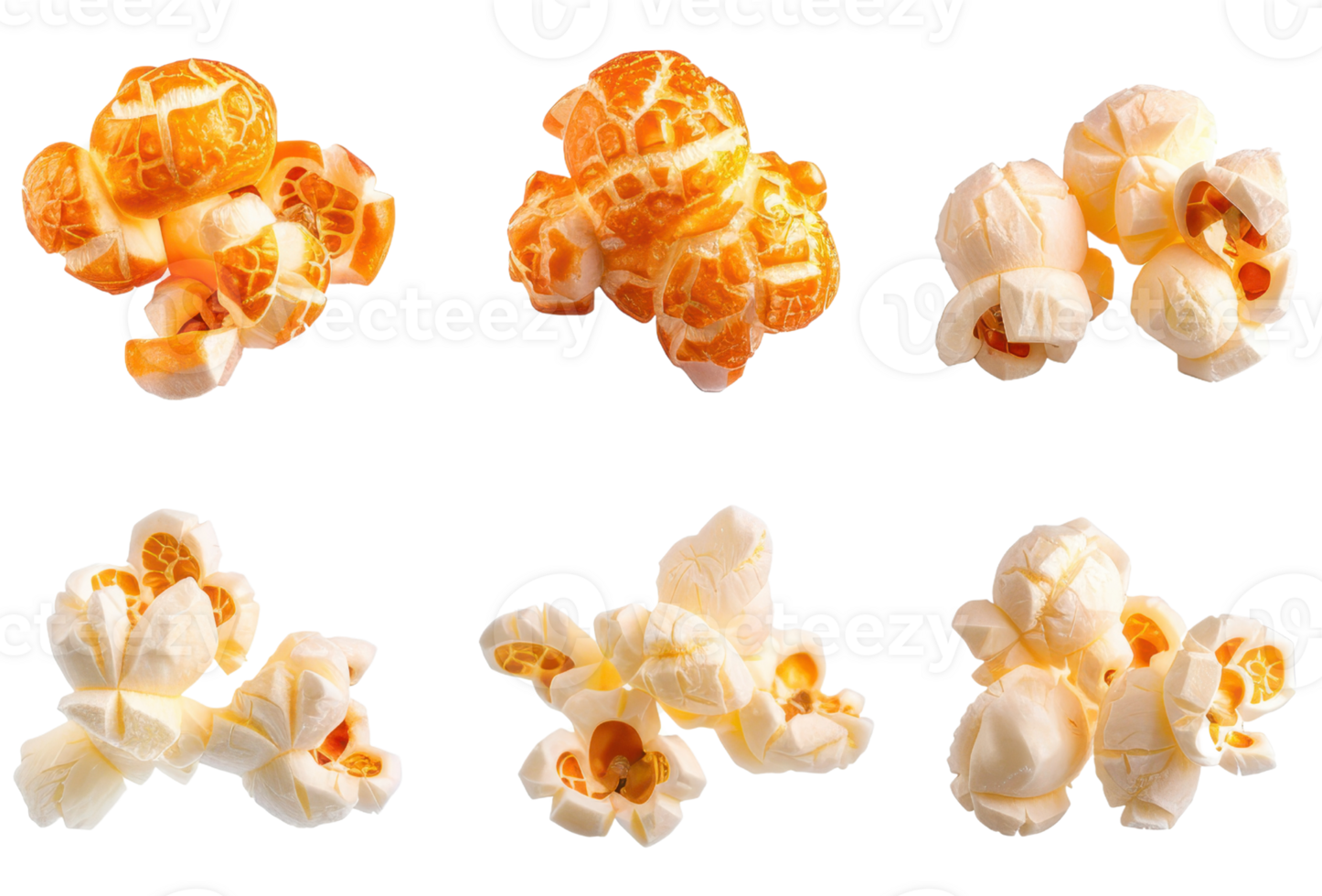 Close-up of popcorn and peeled orange segments isolated on transparent background. showing texture and detail of food items. png
