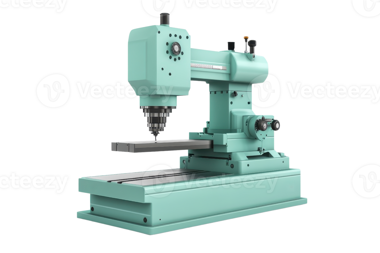 Close-up of a teal industrial milling machine used in manufacturing and mechanical work, perfect for machining and metalworking applications. png