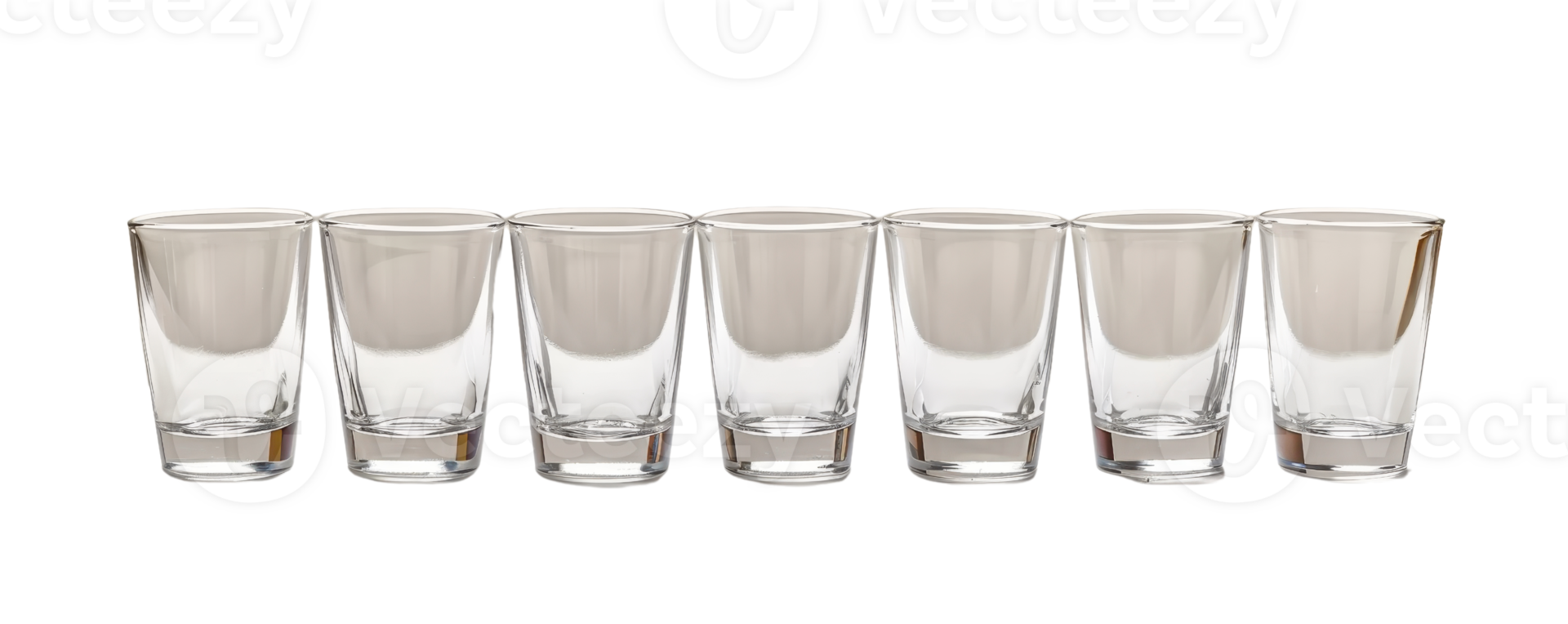 Row of seven empty clear shot glasses isolated on transparent background. perfect for bar, party, or drink-themed designs. png