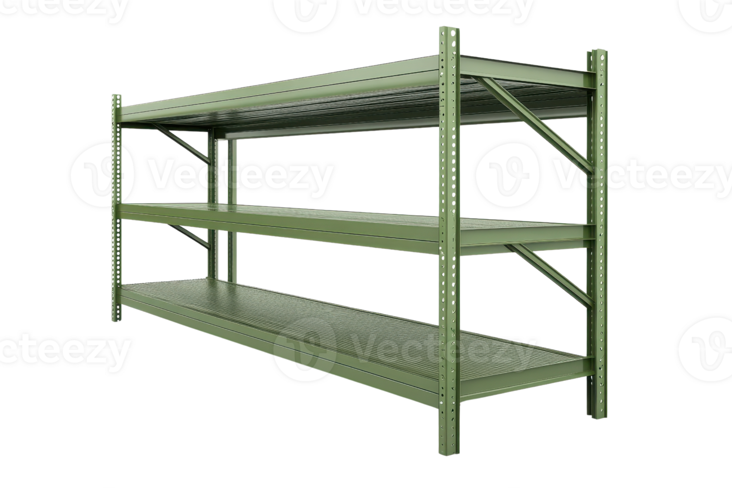 Empty industrial metal shelving unit with multiple levels, ideal for storage and organization in warehouse or garage settings. png