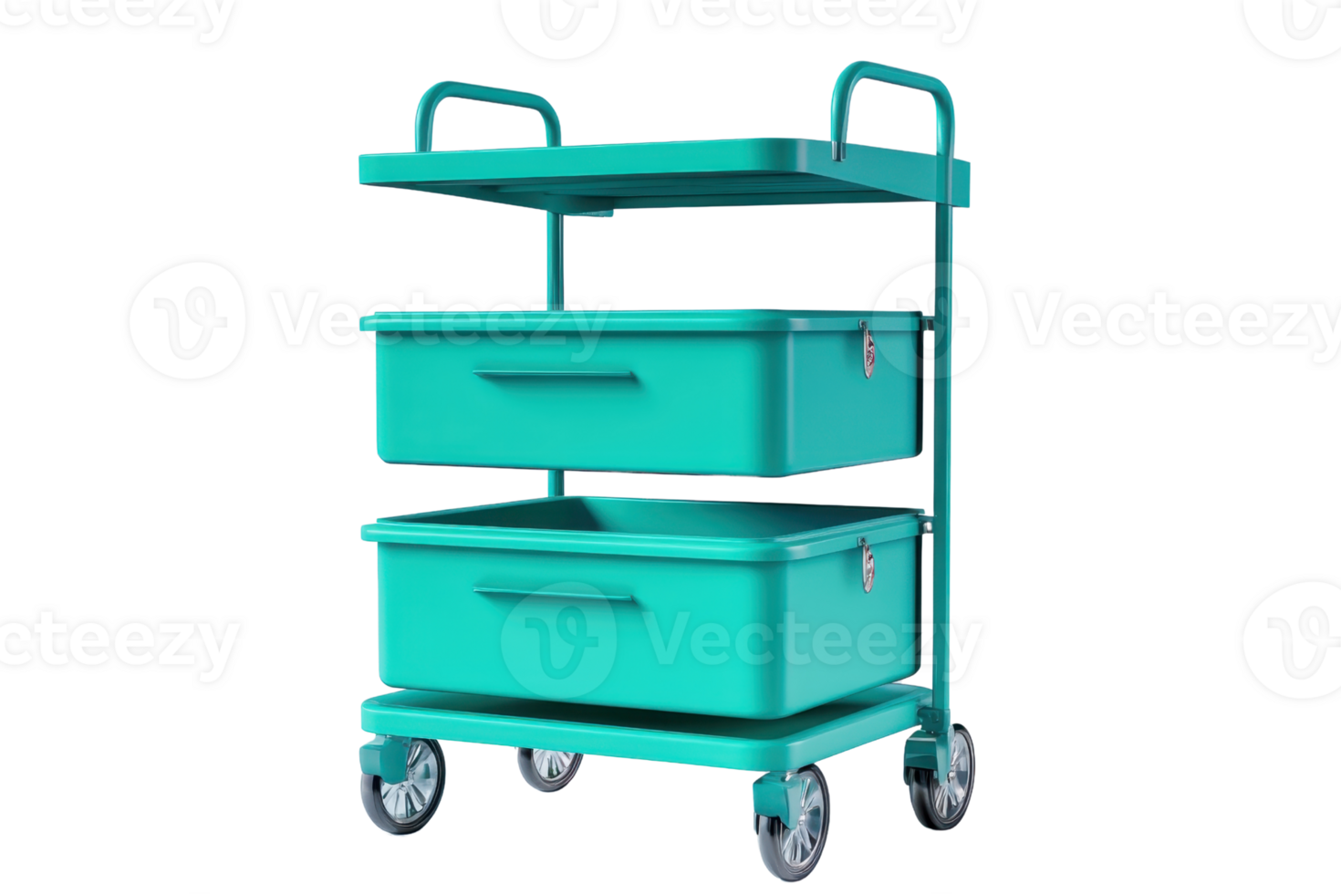 Green utility cart with shelves and drawers for storage on wheels, ideal for organizing and transporting items in various settings. png