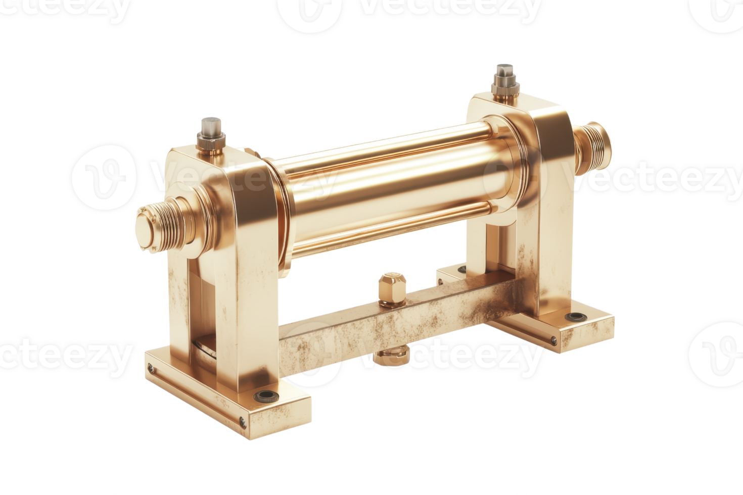 High-quality brass tube assembly machine part isolated on white. Industrial equipment for precision engineering and mechanical applications. png