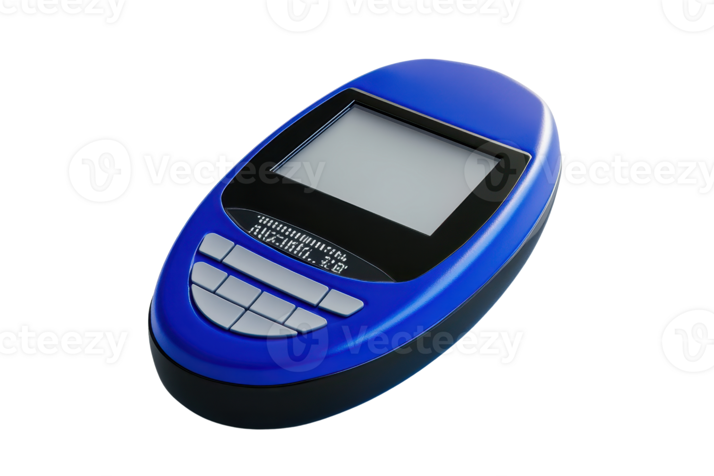 Isolated image of a blue electronic gadget resembling a portable terminal or payment device, with a colored screen and buttons. png