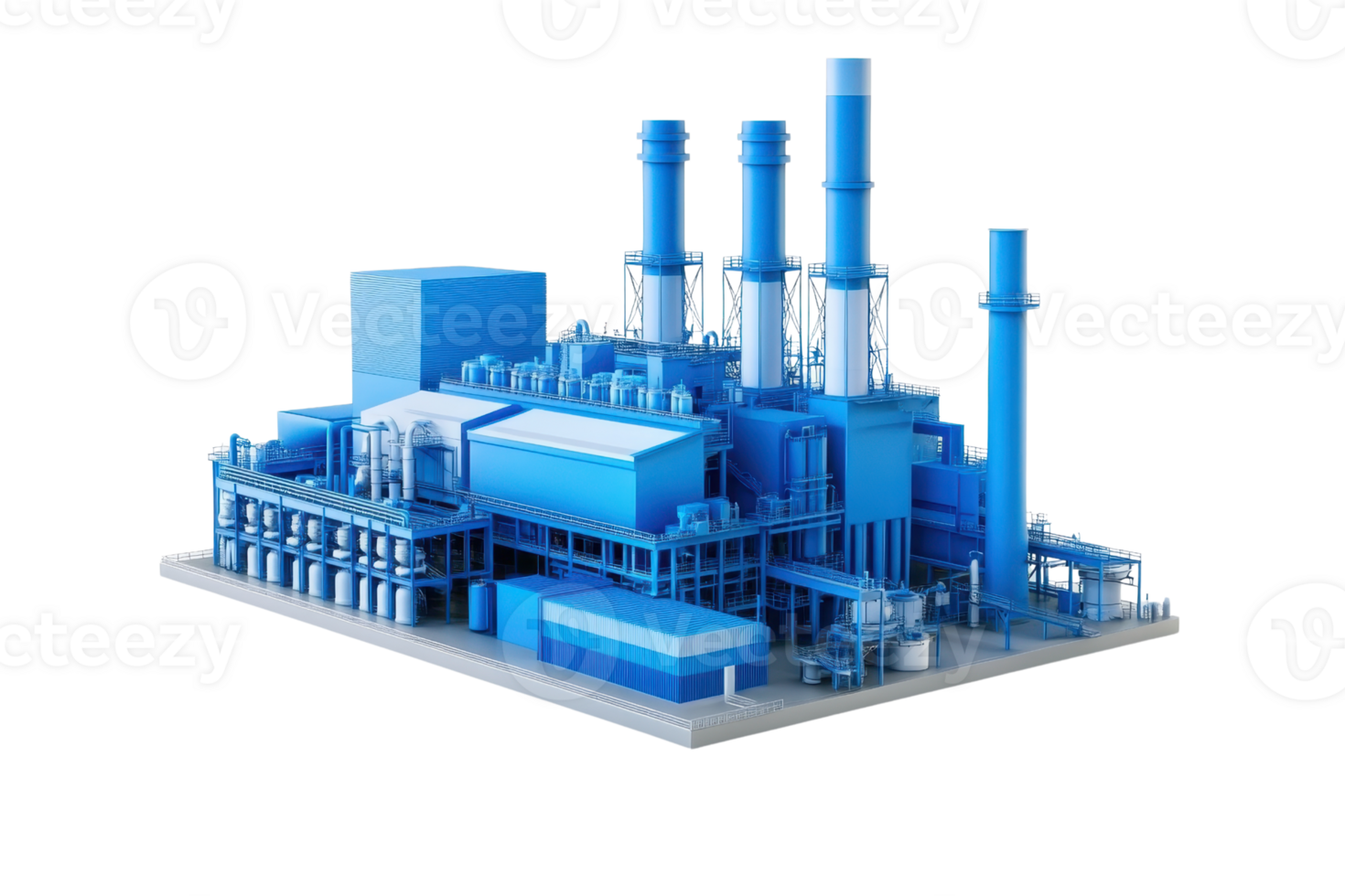 3D rendering of an industrial factory in blue tones, showcasing a modern manufacturing plant with multiple chimneys and a detailed structure. png