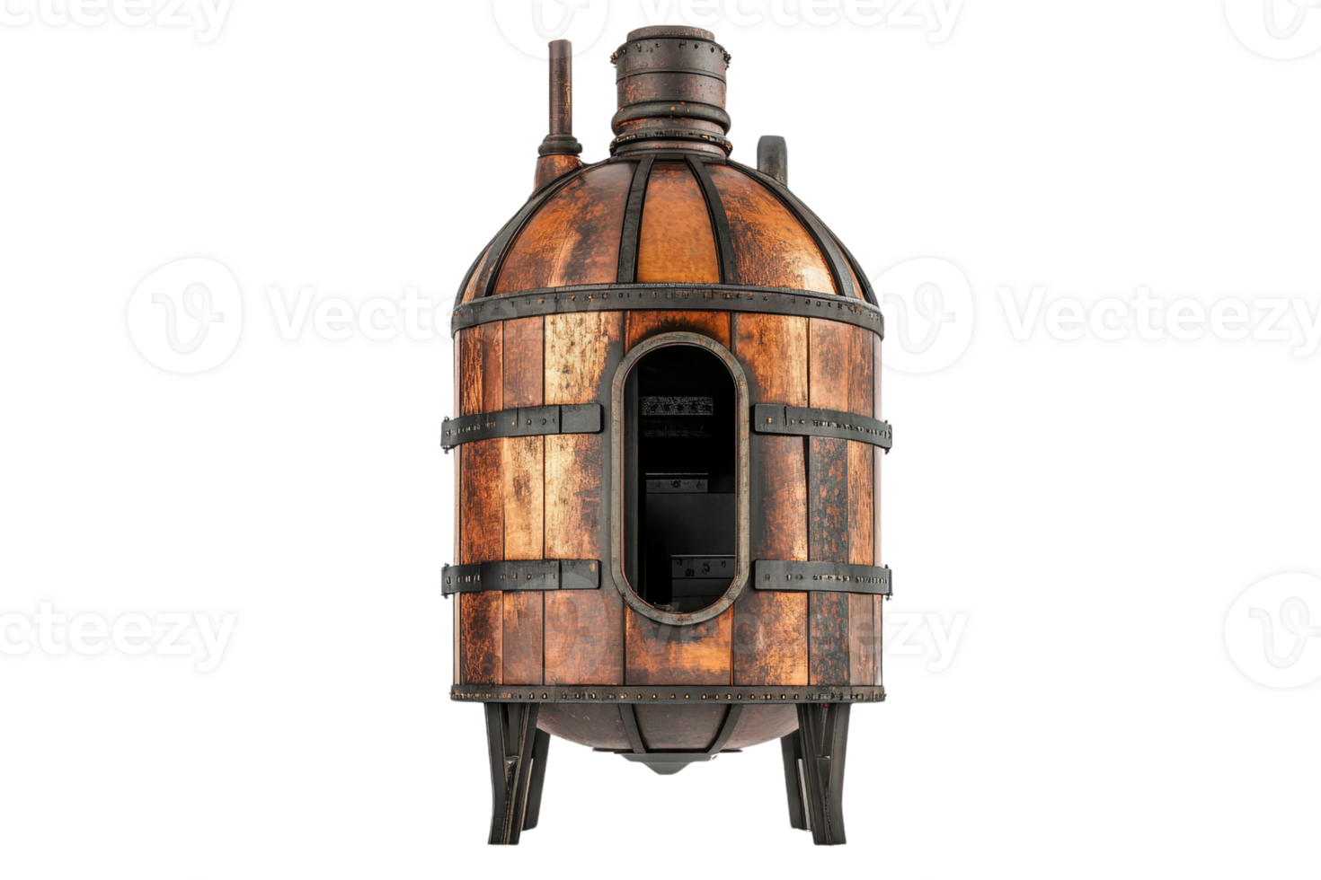 Vintage wooden barrel sauna heater with stovepipe, isolated on white. Rustic design for traditional steam sauna experiences. png