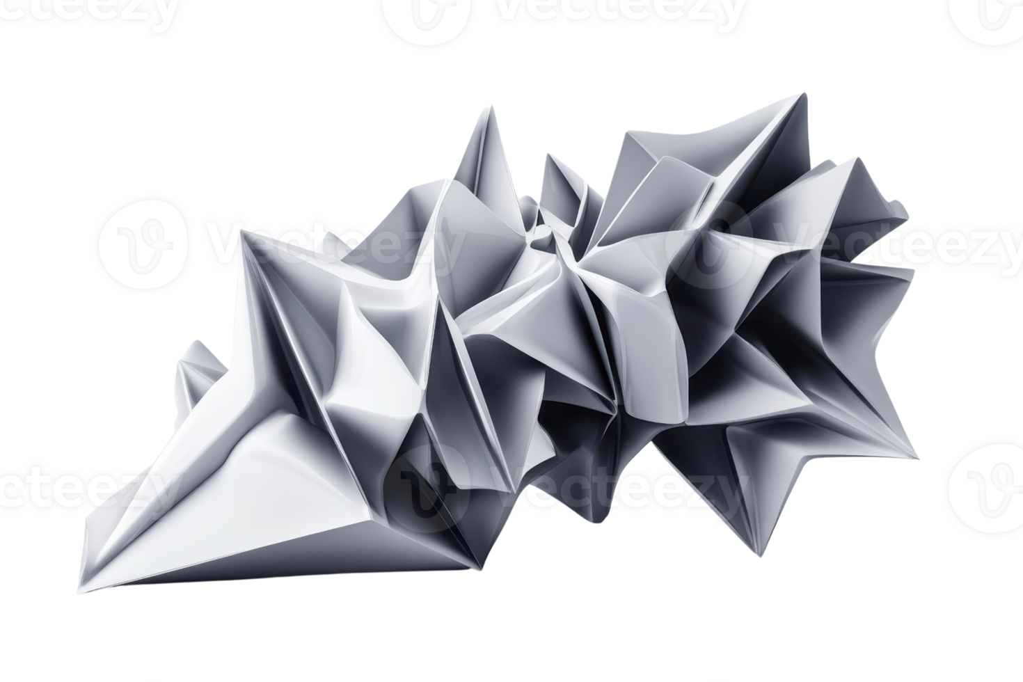 Abstract 3D polygonal shape in silver color with sharp, geometric edges and a modern, futuristic design on a transparent background. png