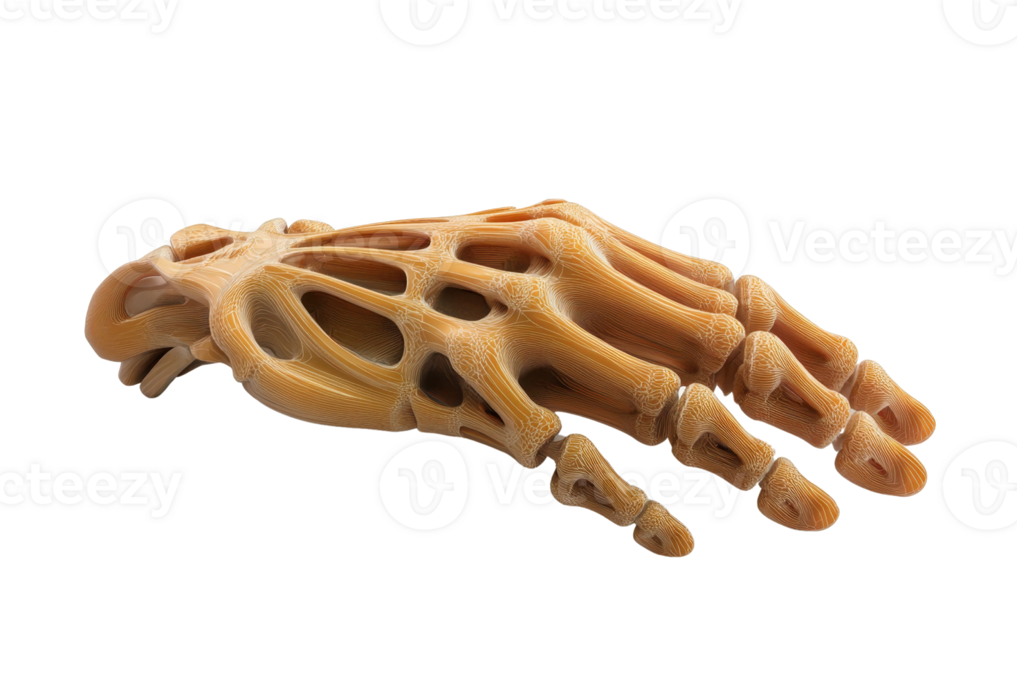 3D model of a human hand bone structure in a wooden material, showing detailed skeletal anatomy and intricate design. png