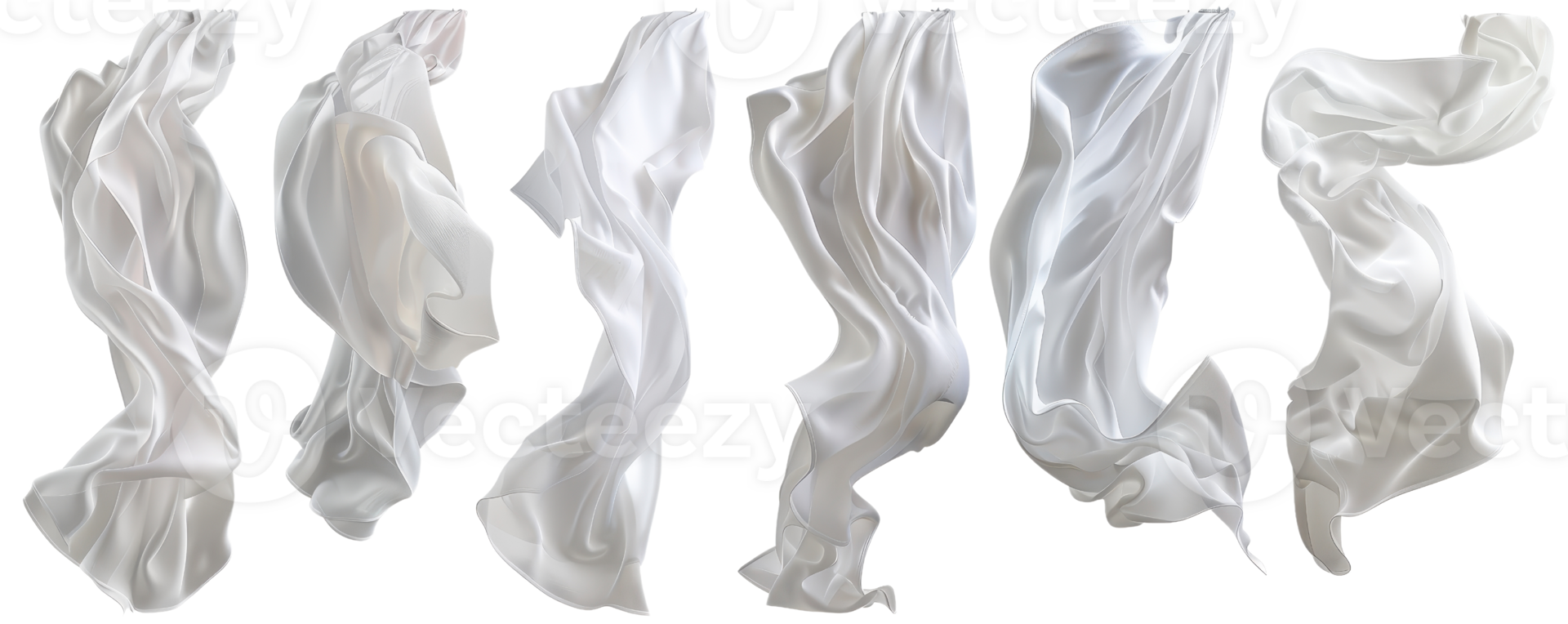 Set of white silk fabric flowing in air, isolated on transparent background. High resolution drapery textures for creative design projects. png