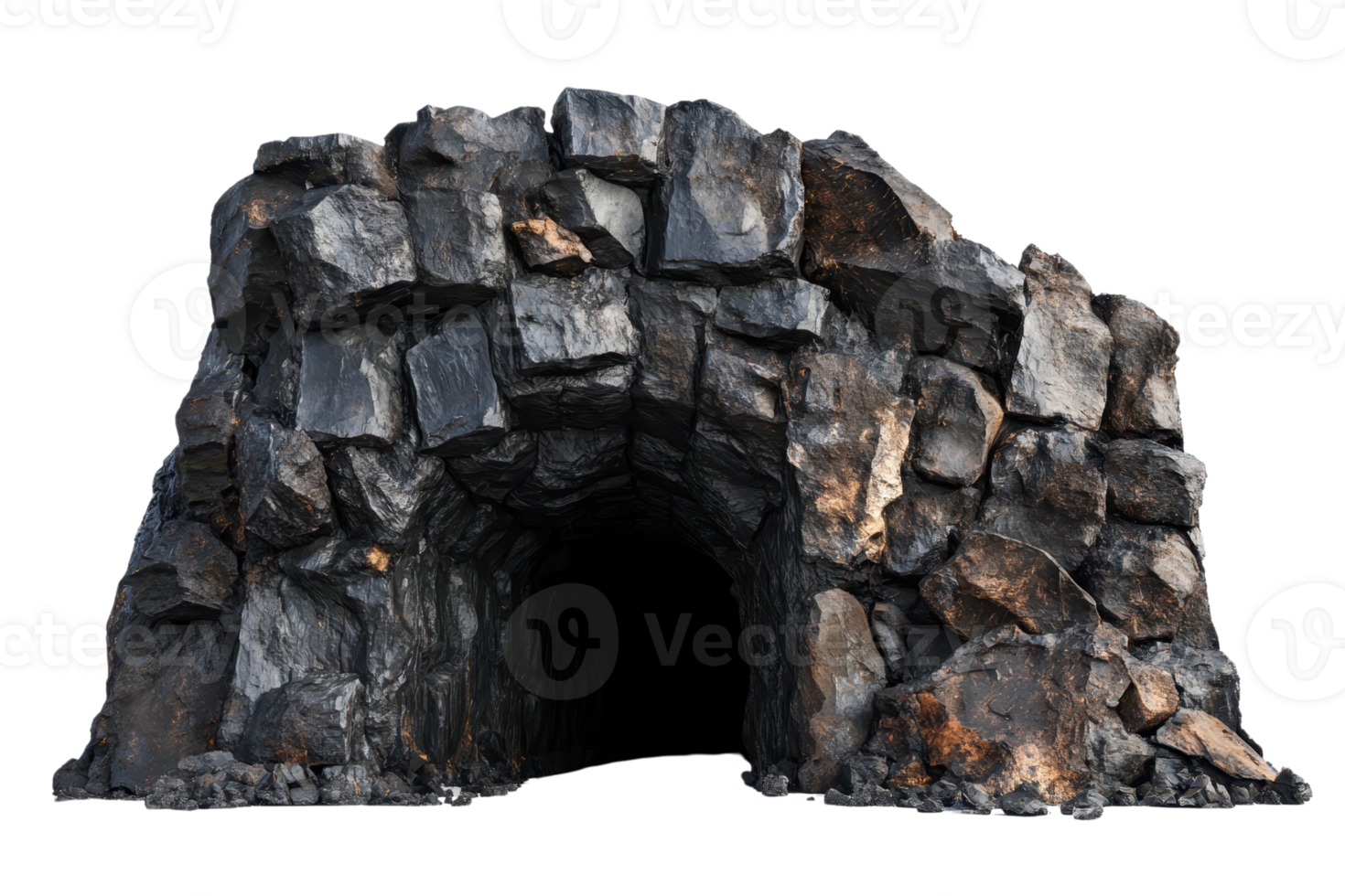 A rugged, dark cave entrance made of rough, textured rocks, highlighting the natural beauty and mystery of the subterranean landscape. png
