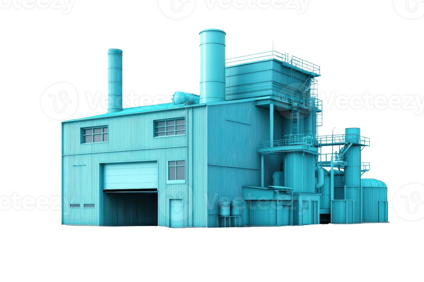 Aerial view of a modern blue industrial factory building with complex machinery, smokestacks, and multiple windows isolated on transparent background. png