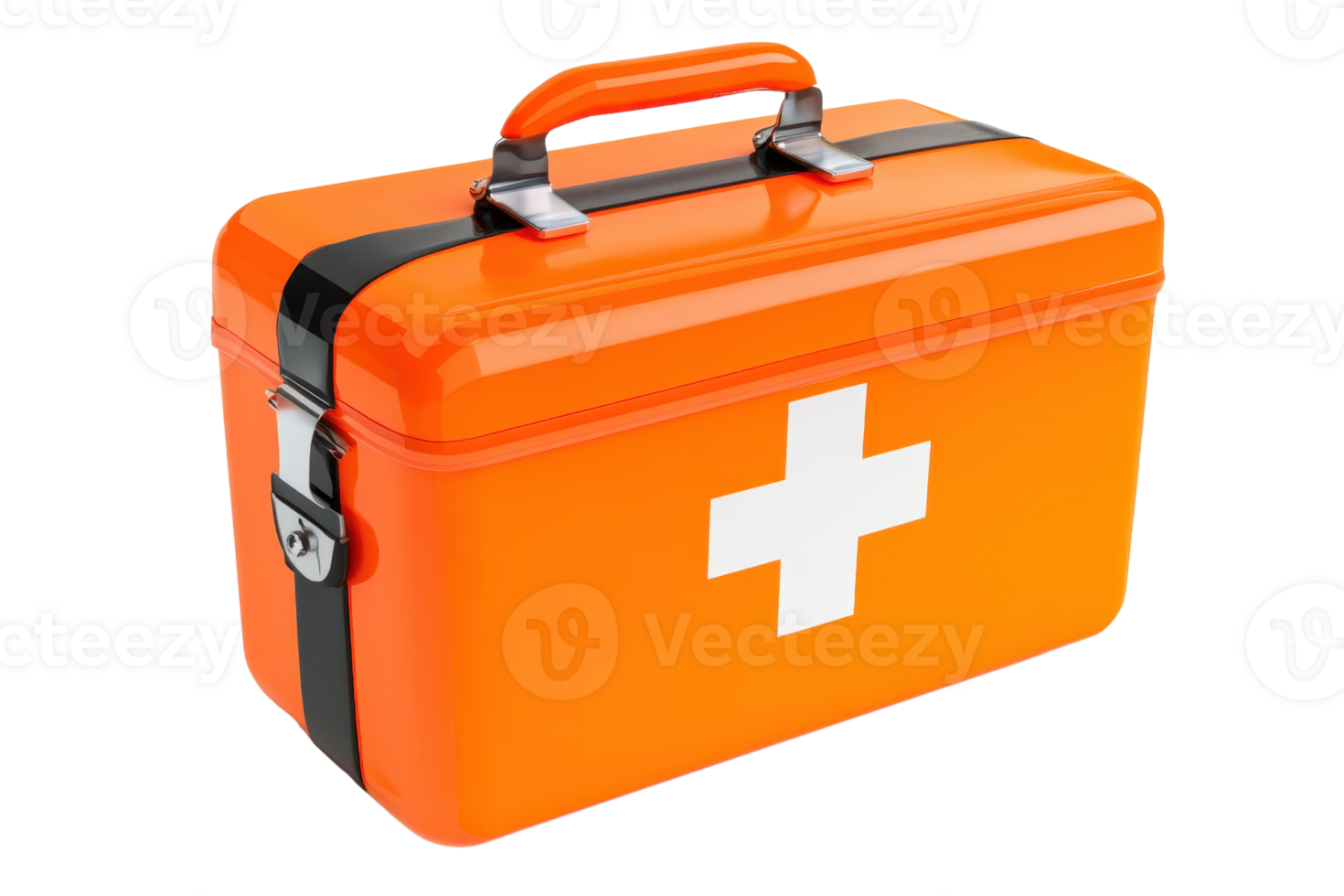 Bright orange first aid kit with white cross symbol for emergency medical assistance, suitable for health and safety preparedness. png