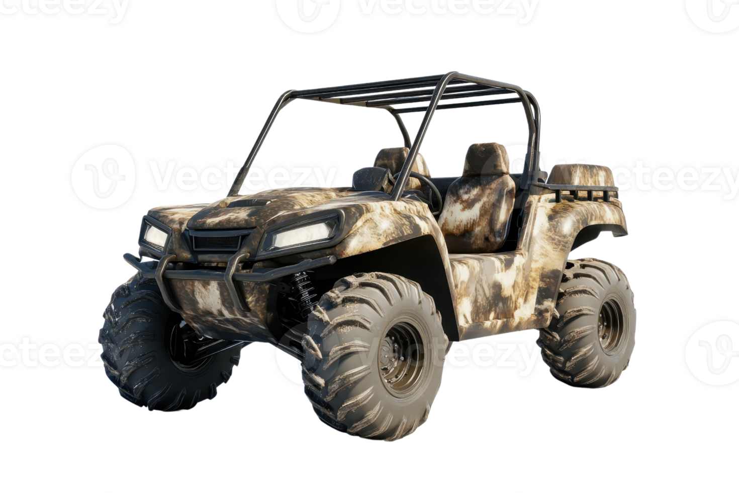 Camouflage ATV off-road vehicle with large rugged tires, designed for adventurous outdoor activities and challenging terrains. png