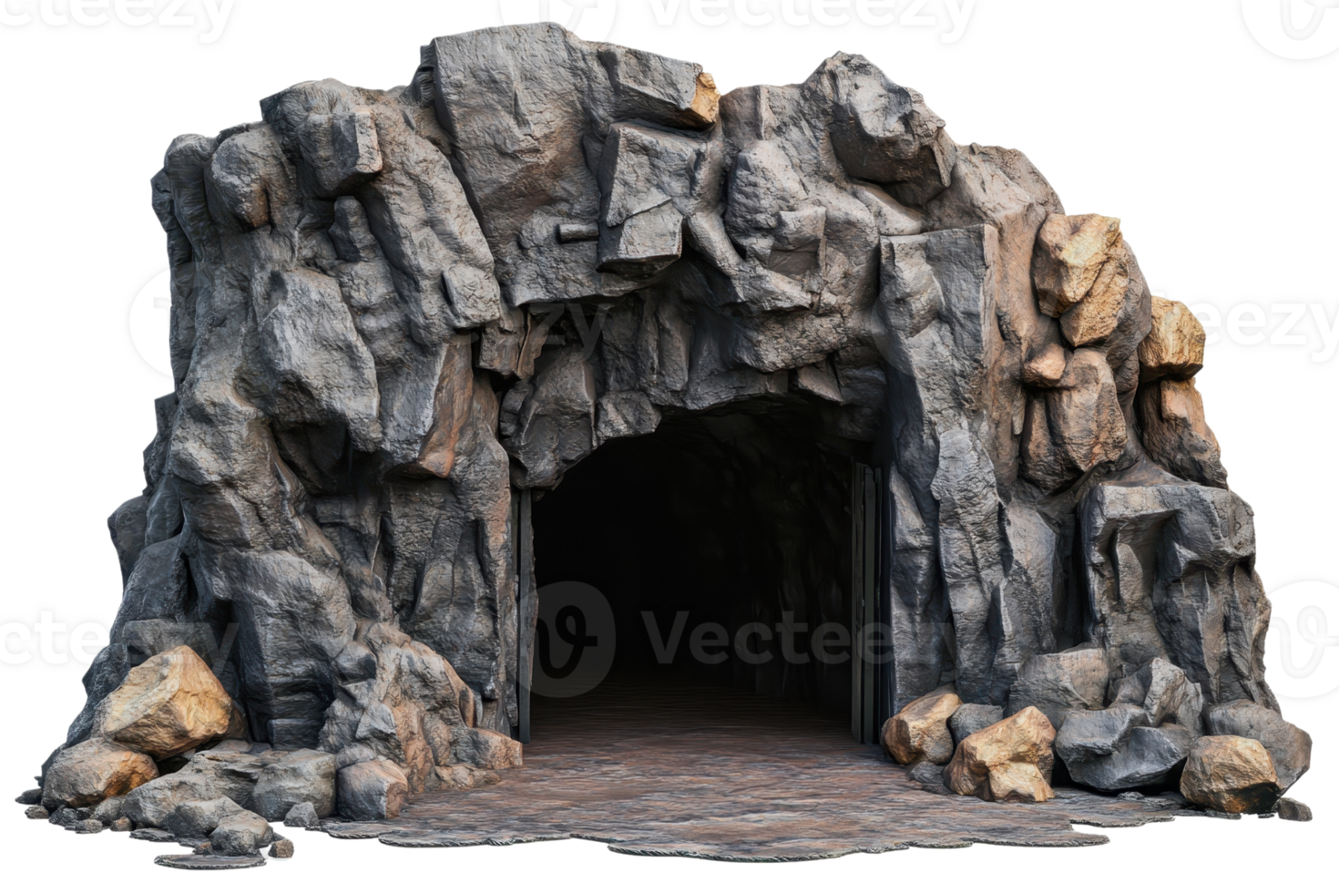 A high-resolution image of a rocky cave entrance with detailed textures of stones and shadows, perfect for natural and adventure themes. png