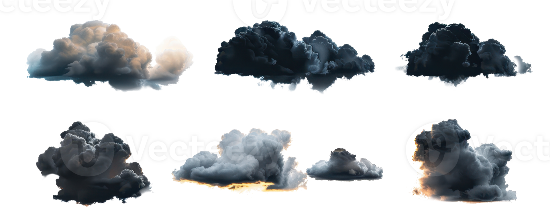 Collection of dark, dramatic clouds isolated on a transparent background. perfect for weather-related designs and atmosphere enhancement. png