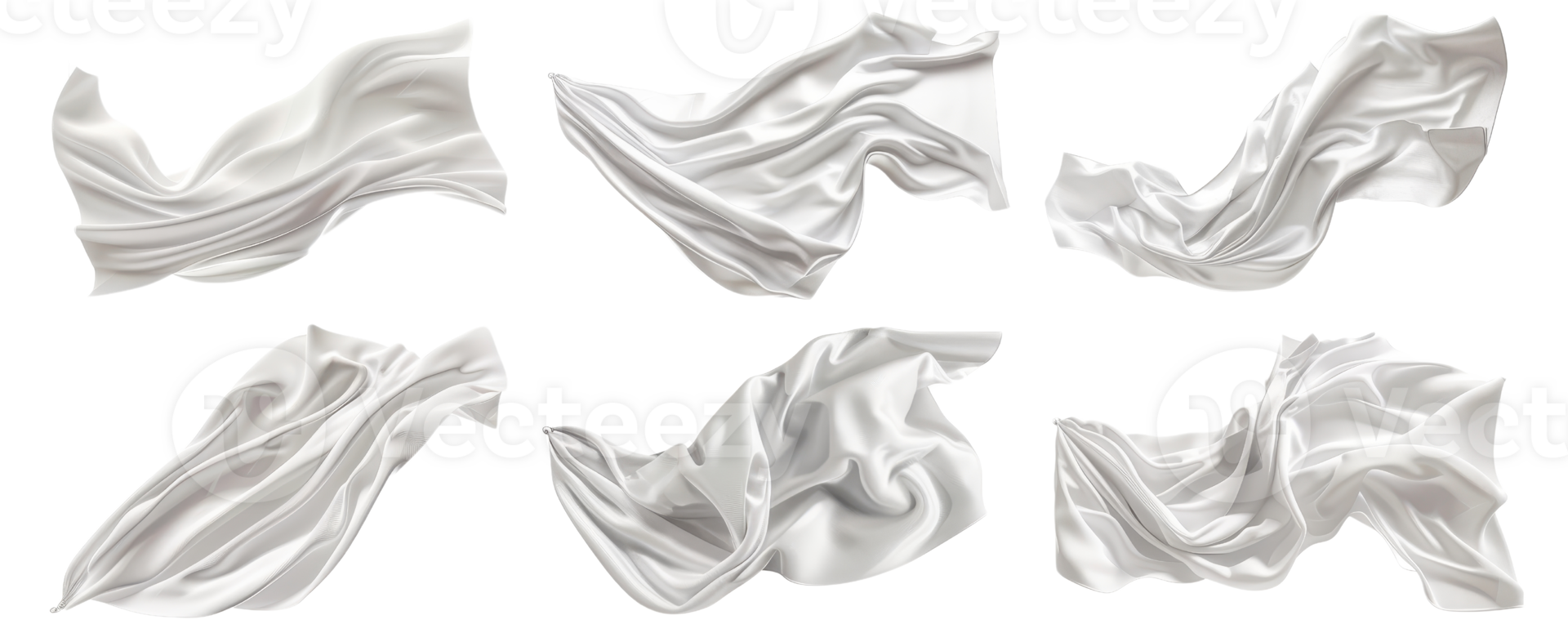 Collection of six isolated white fabric pieces in various floating and flowing positions, perfect for design and artistic projects. png