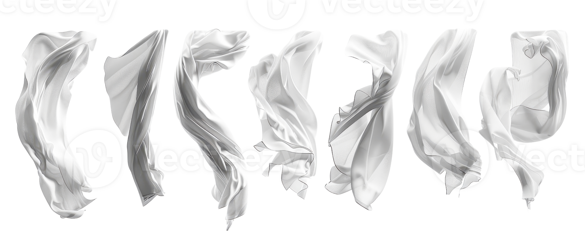 Collection of six white fabric sheets floating in mid-air. High-resolution image perfect for design projects, backgrounds, or artistic concepts. png