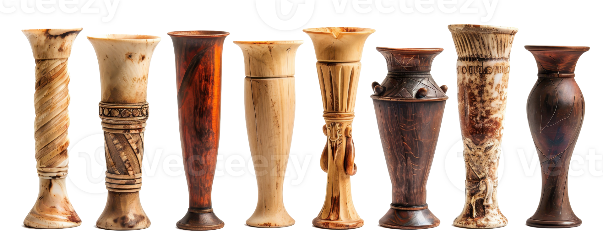 Collection of eight wooden abstract sculptures in varying textures, tones, and designs, intricately carved and polished for unique art decor. png