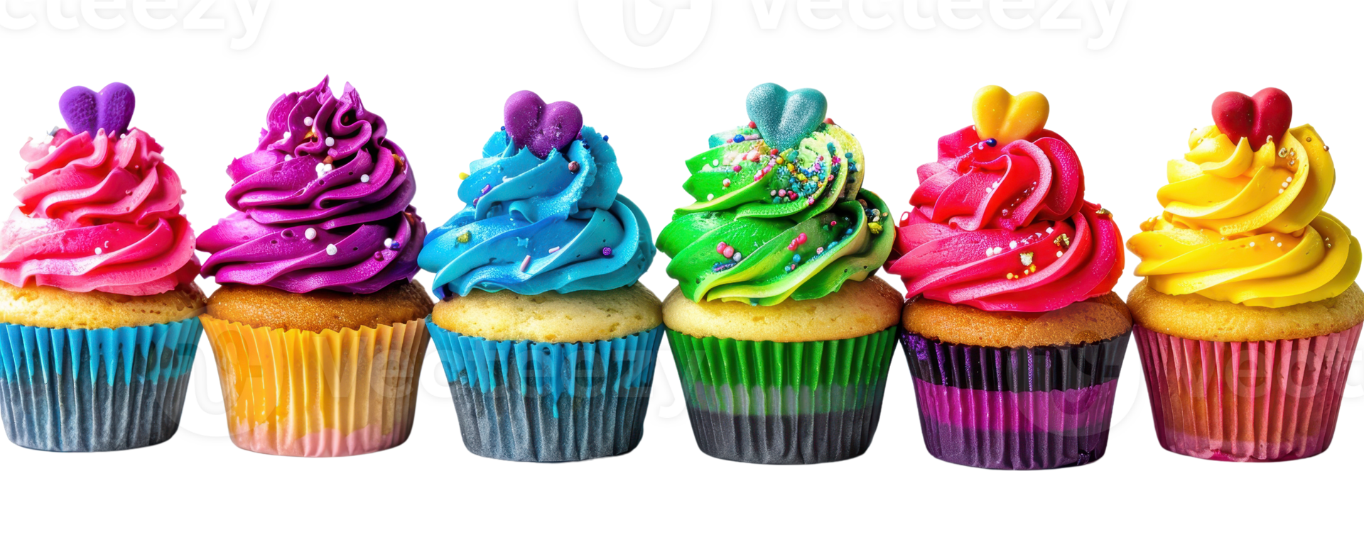 Colorful cupcakes with vibrant icing in various designs lined up against a transparent background. showcasing an array of sweet treats. png