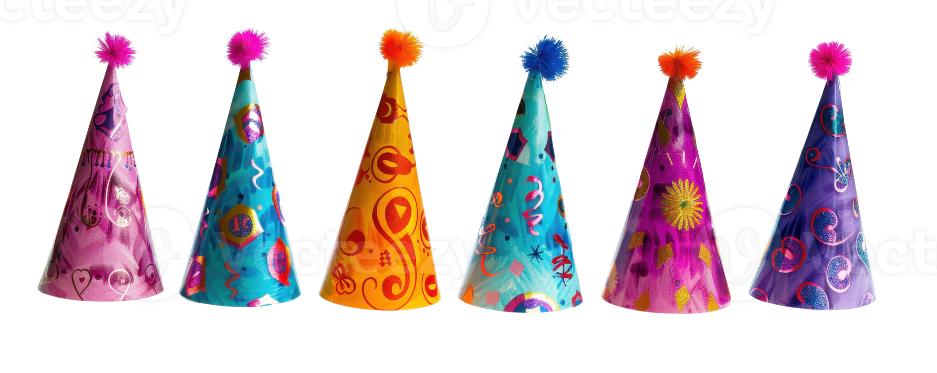 Colorful party hats with vibrant designs, perfect for celebrations, birthdays, and festive occasions. Assortment of six hats with unique patterns. png