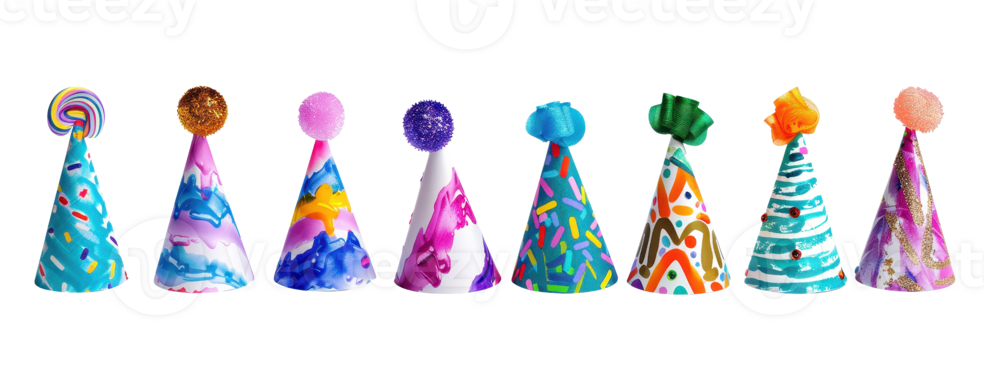 Colorful party hats with various designs and patterns lined up in a row. Perfect for celebrations, birthdays, and festive gatherings. png
