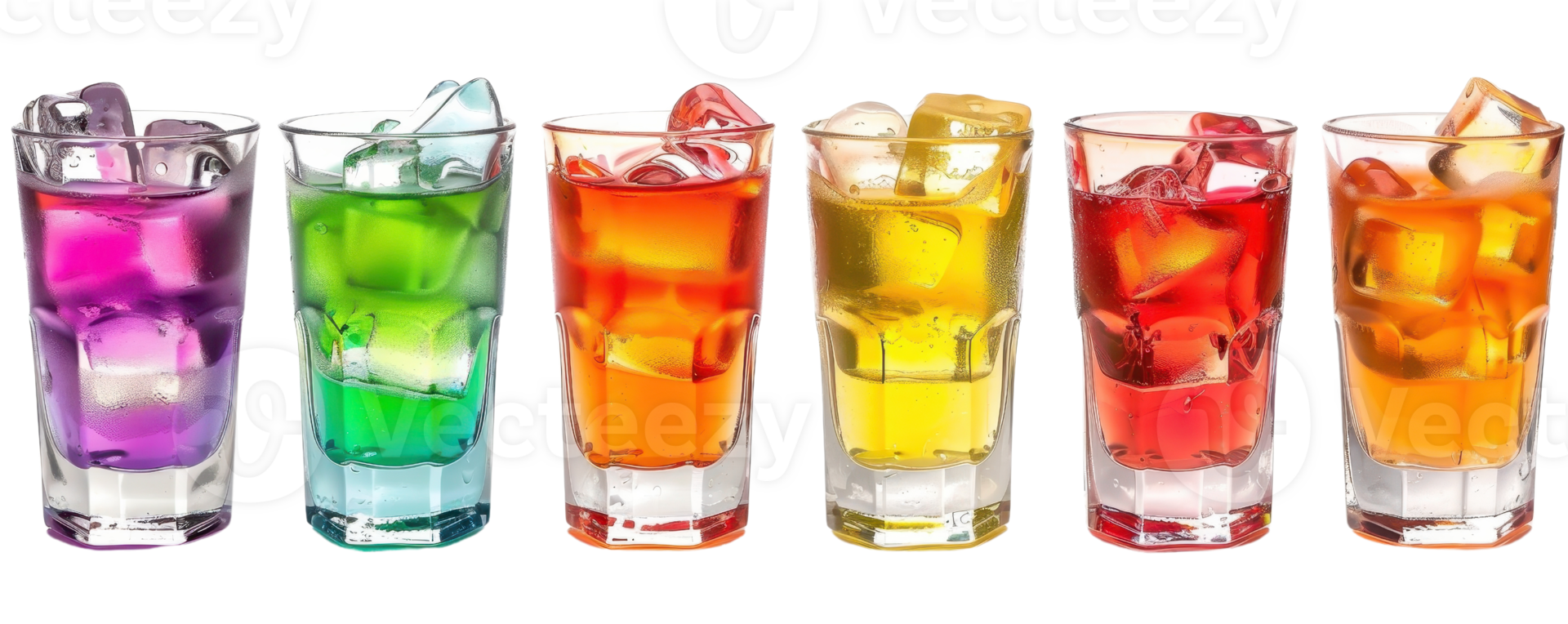 Colorful assortment of various fruity drinks in clear glasses with ice cubes, perfect for summertime refreshment and parties. png