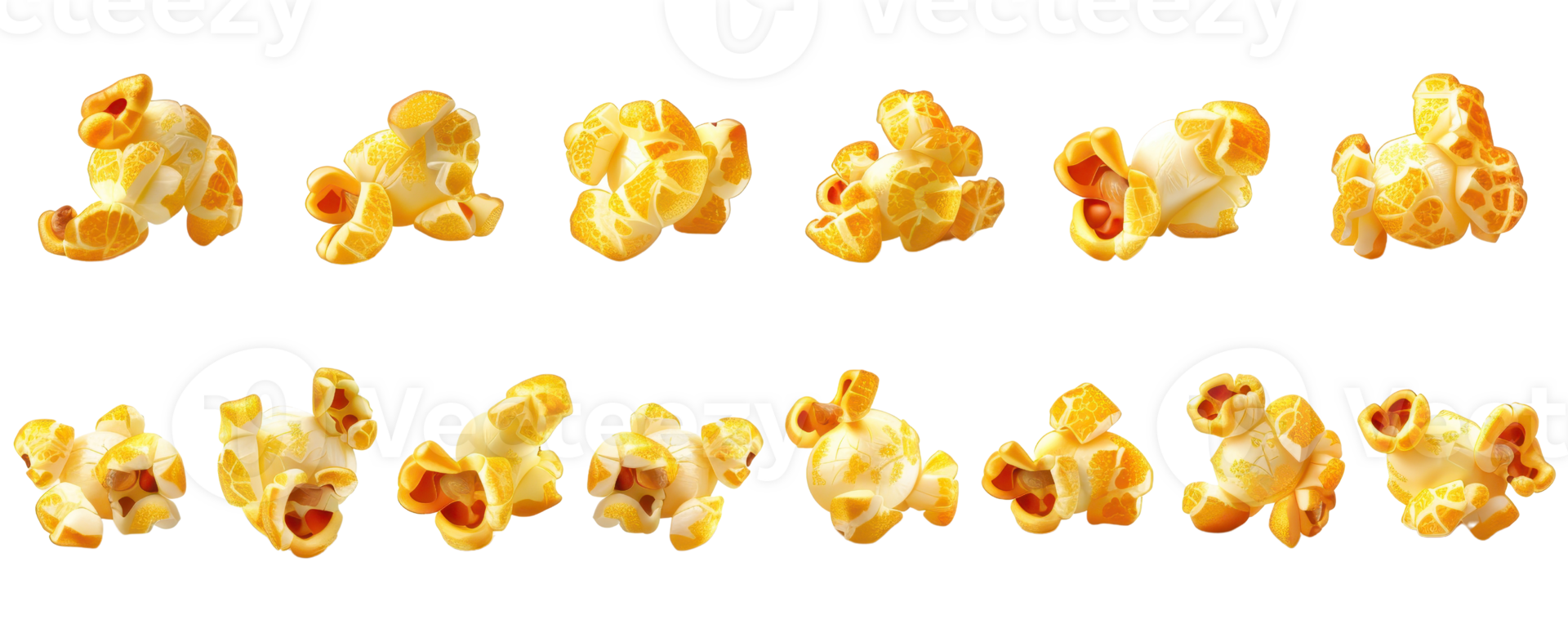 Crispy, golden popcorn kernels isolated on a transparent background. showcasing different shapes and sizes. Perfect snack for movie nights. png