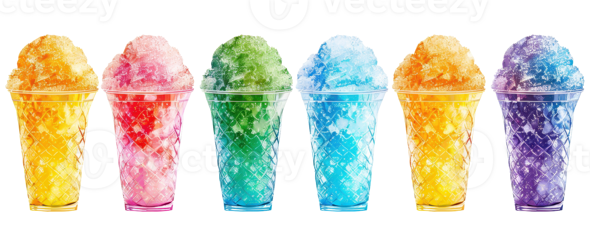 Colorful assorted flavored snow cones in cups arranged in a row. Perfect summer treat. Bright and refreshing frozen desserts. png