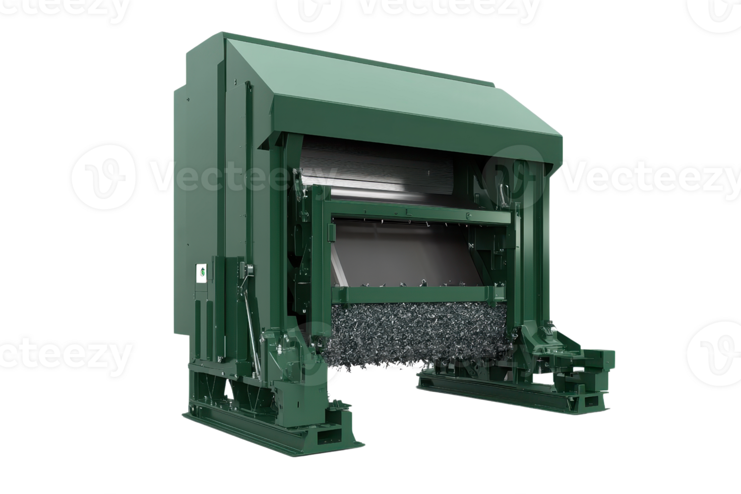 Green industrial machinery for material sorting and processing, showing mechanical equipment in a clean, isolated environment. png