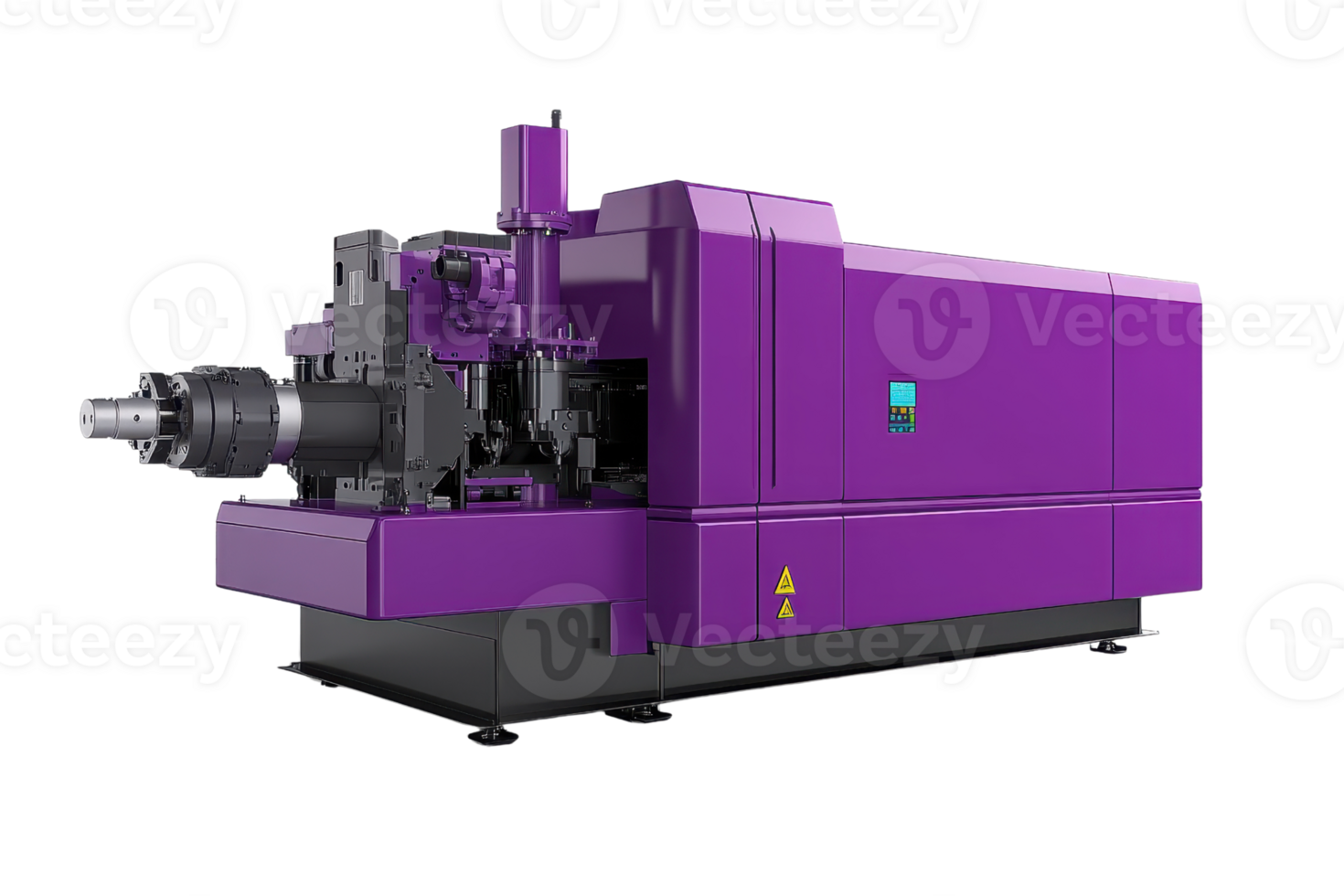 High-tech industrial injection molding machine in vibrant purple color, used for manufacturing plastic products in a factory setting. png
