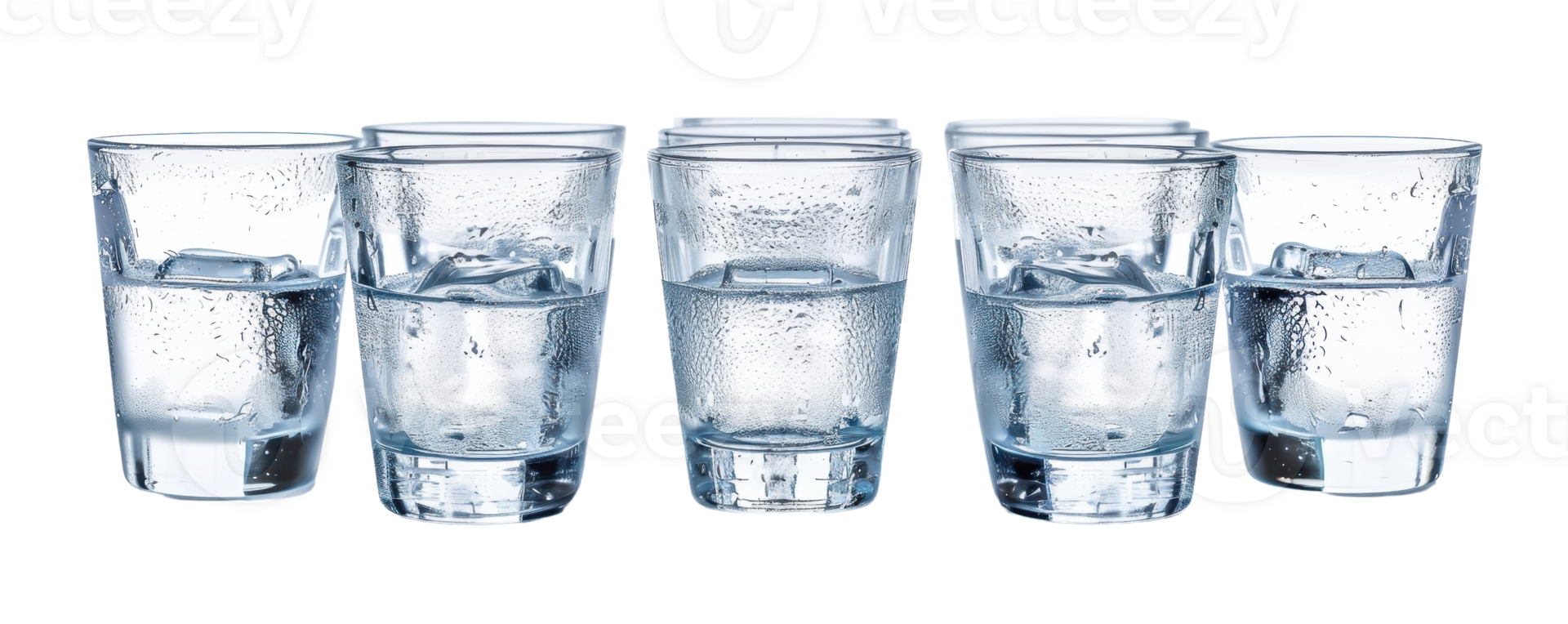 Five glasses filled with water and ice cubes placed in a row, showcasing refreshing and cool beverage presentation, isolated on a transparent background. png