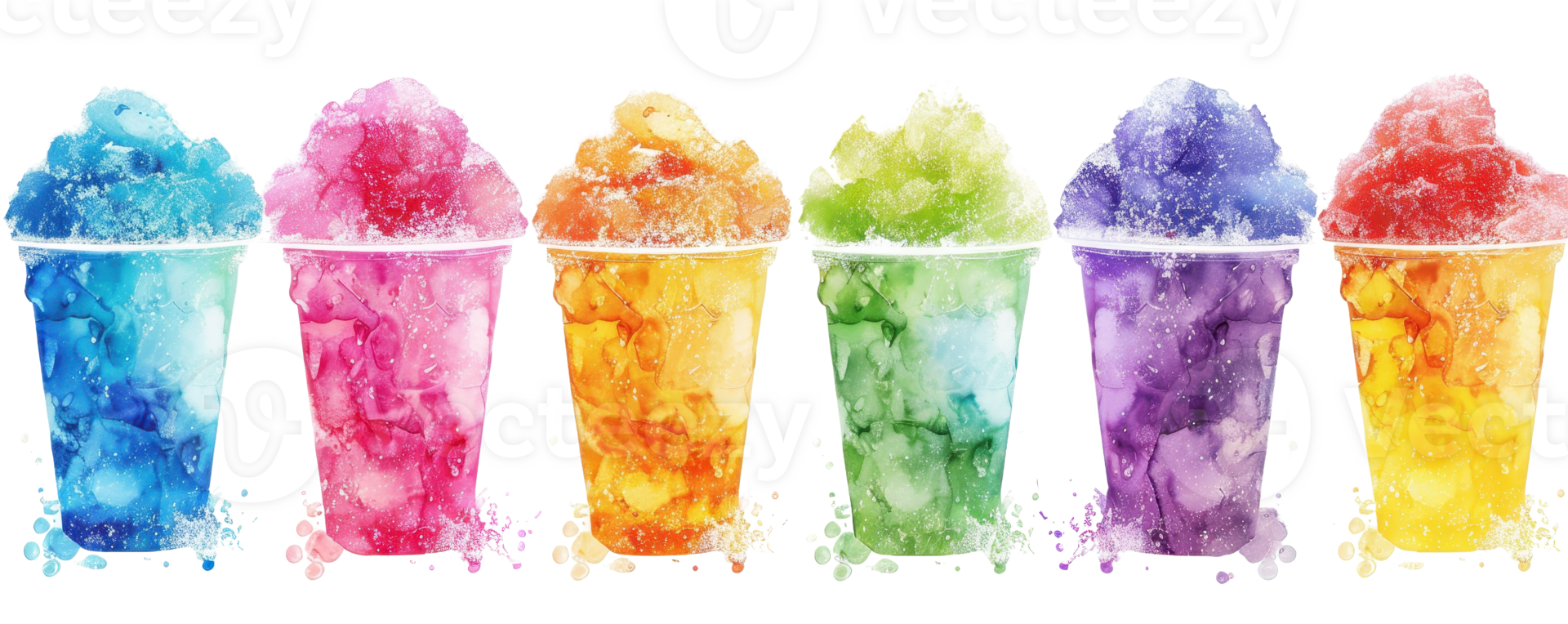 Colorful row of six slushy drinks in vivid rainbow colors isolated on transparent background. perfect for refreshing summer beverages concept. png