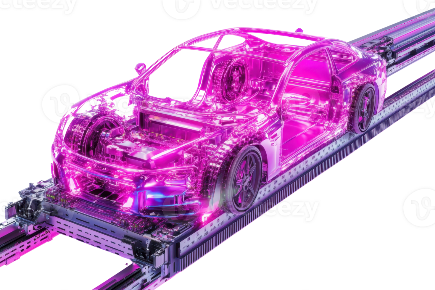 Futuristic transparent electric car glowing in pink on assembly line, showcasing intricate internal components and advanced technology. png