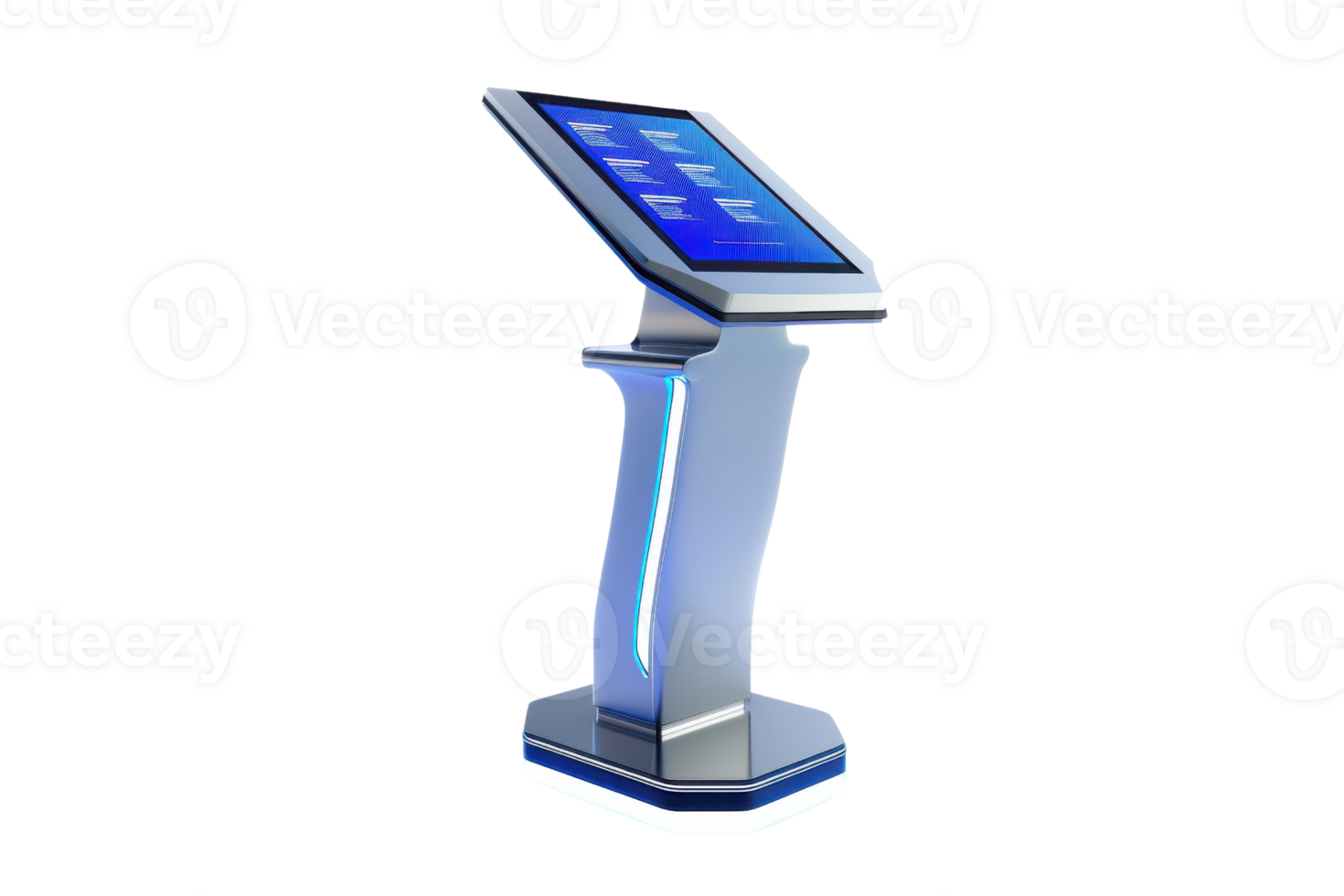 Modern digital kiosk with touchscreen display on sleek stand for interactive information, wayfinding, and self-service solutions. png