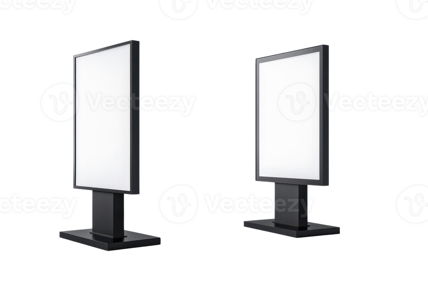 Two blank digital signage stands with white screens isolated on a transparent background. Perfect for advertising and display purposes. png