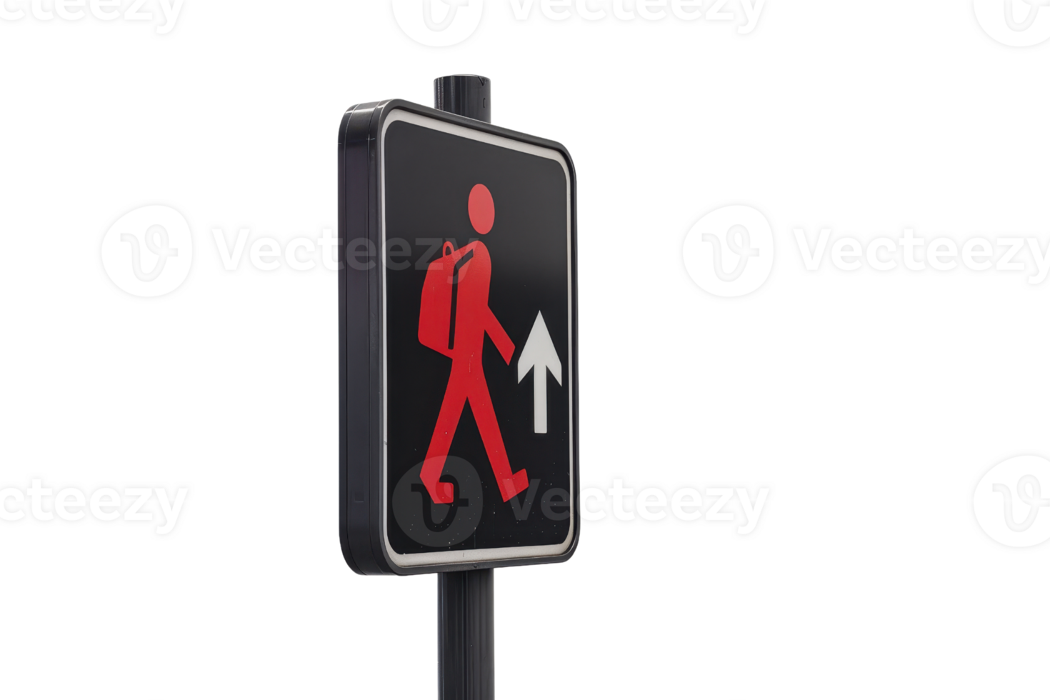 Traffic signal for pedestrians with a backpack, featuring a directional arrow. Urban safety and walking sign. png