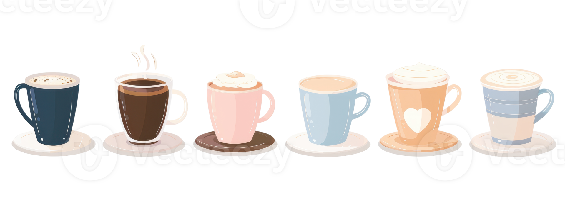 Assorted colorful coffee cups with various designs, styles, and drinks, beautifully displayed in a row on saucers. Ideal for cafes and coffee lovers. png